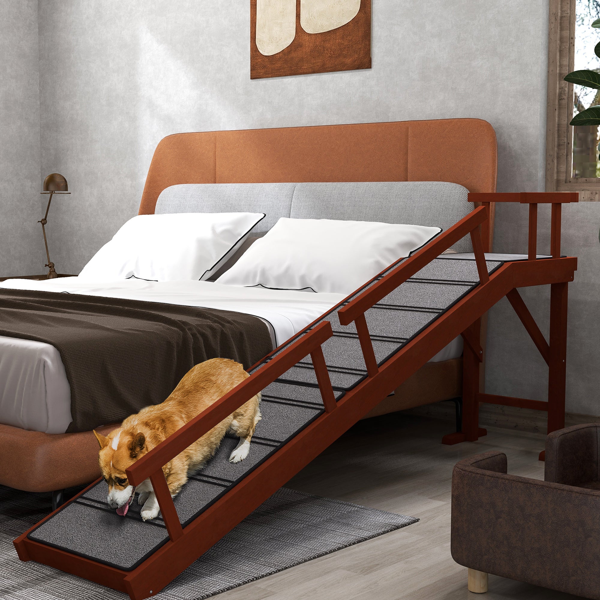 PawHut Wooden Dog Ramp for Large Dogs, 73" Long Pet Ramp with Non-slip Rug, Removable Guardrails, Dog Stairs for Couch, Bed, Brown