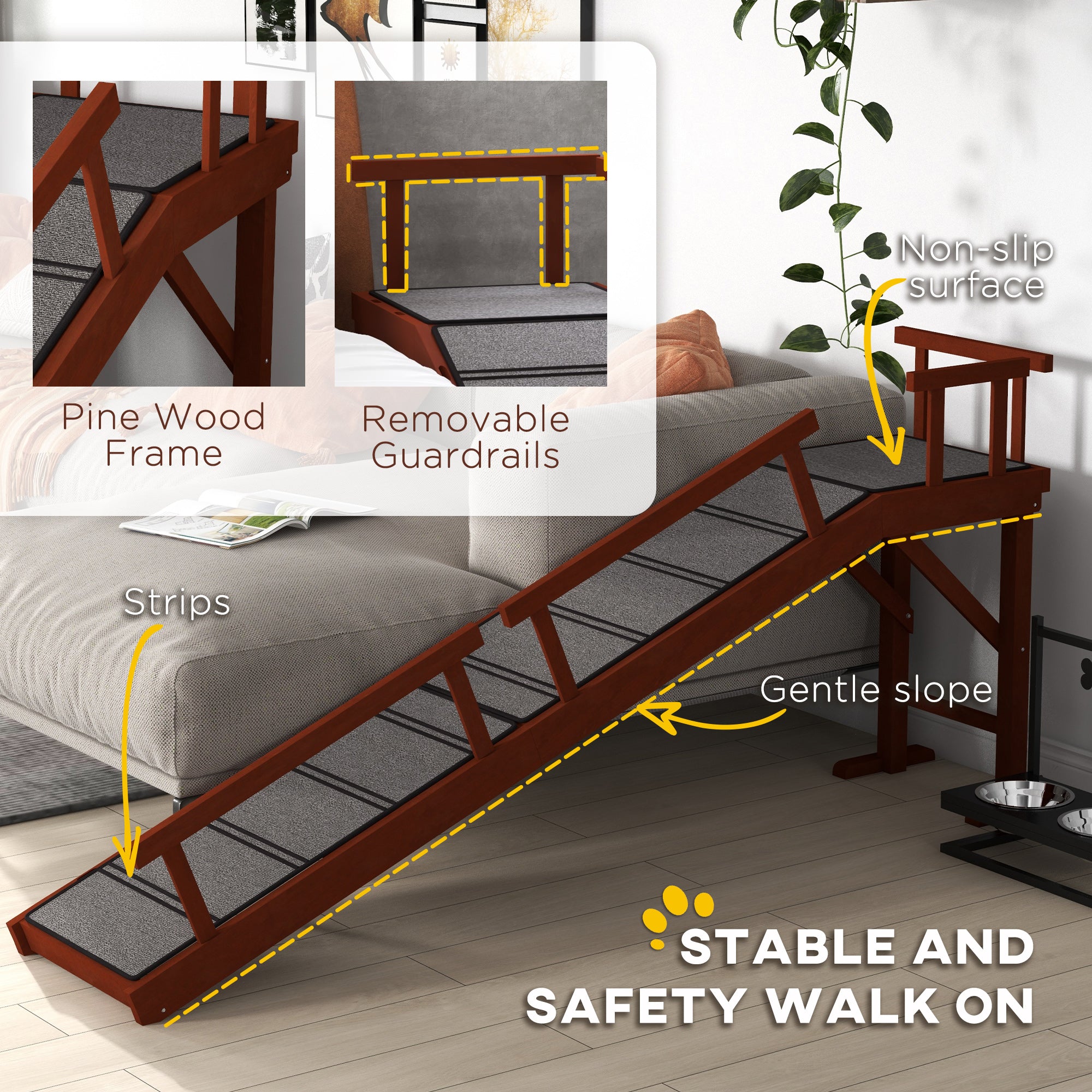 PawHut Wooden Dog Ramp for Large Dogs, 73" Long Pet Ramp with Non-slip Rug, Removable Guardrails, Dog Stairs for Couch, Bed, Brown