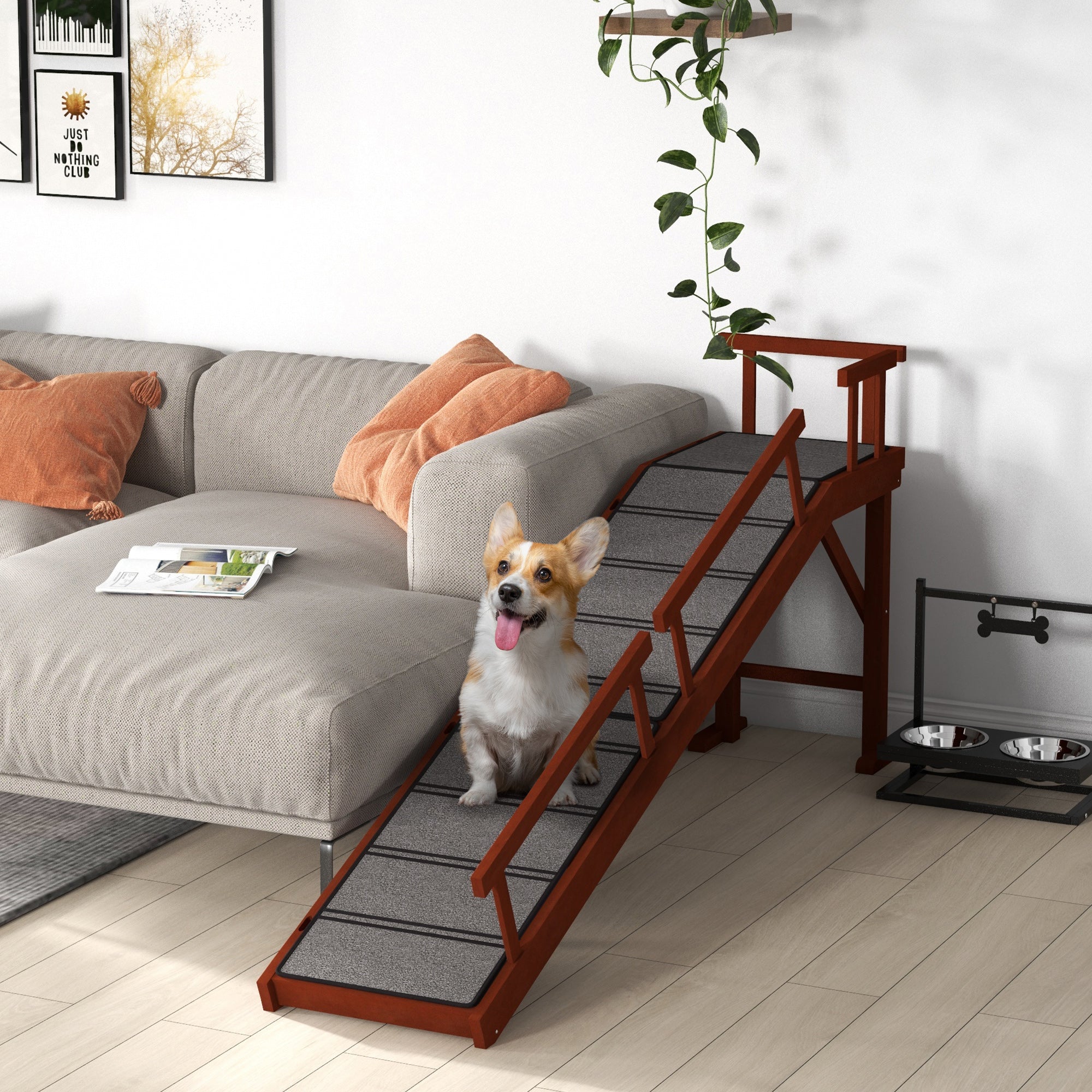 PawHut Wooden Dog Ramp for Large Dogs, 73" Long Pet Ramp with Non-slip Rug, Removable Guardrails, Dog Stairs for Couch, Bed, Brown