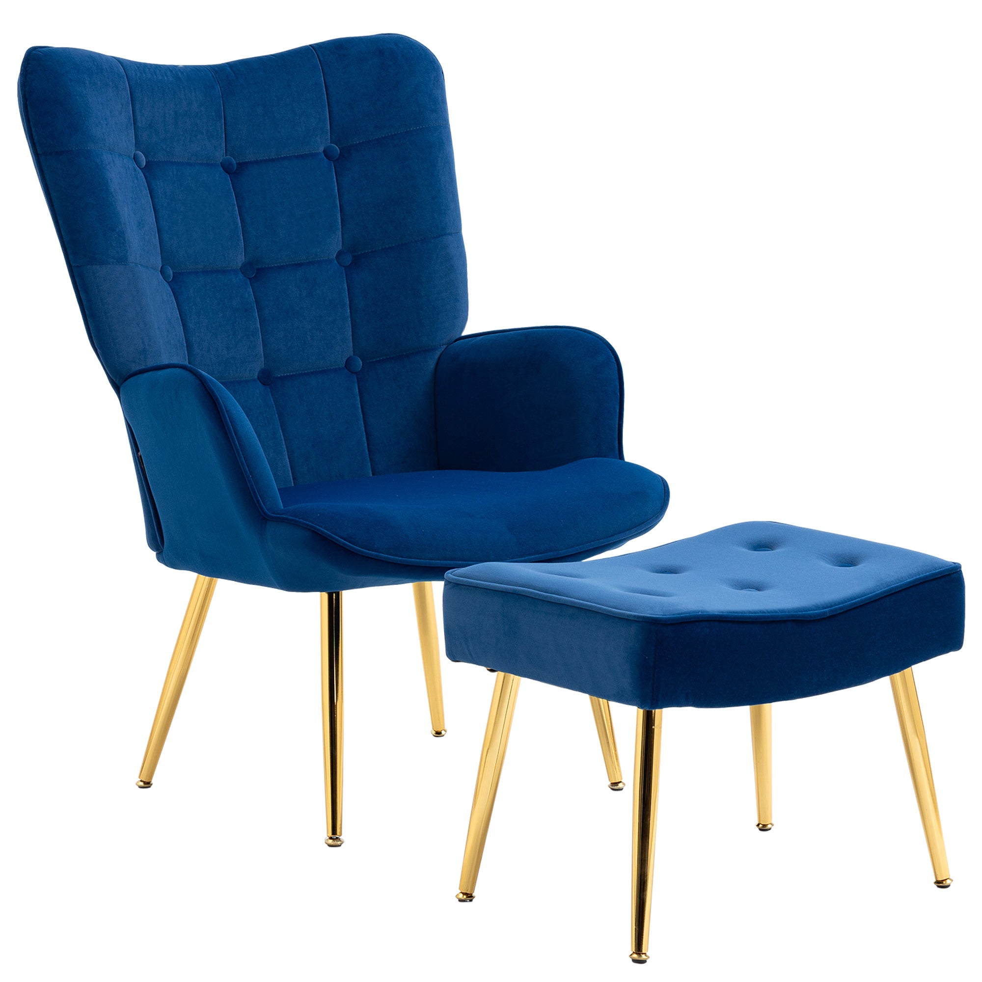 HOMCOM Modern Accent Chair with Ottoman, Upholstered Armchair with Footrest, Gold Metal Legs for Living Room, Bedroom, Dark Blue