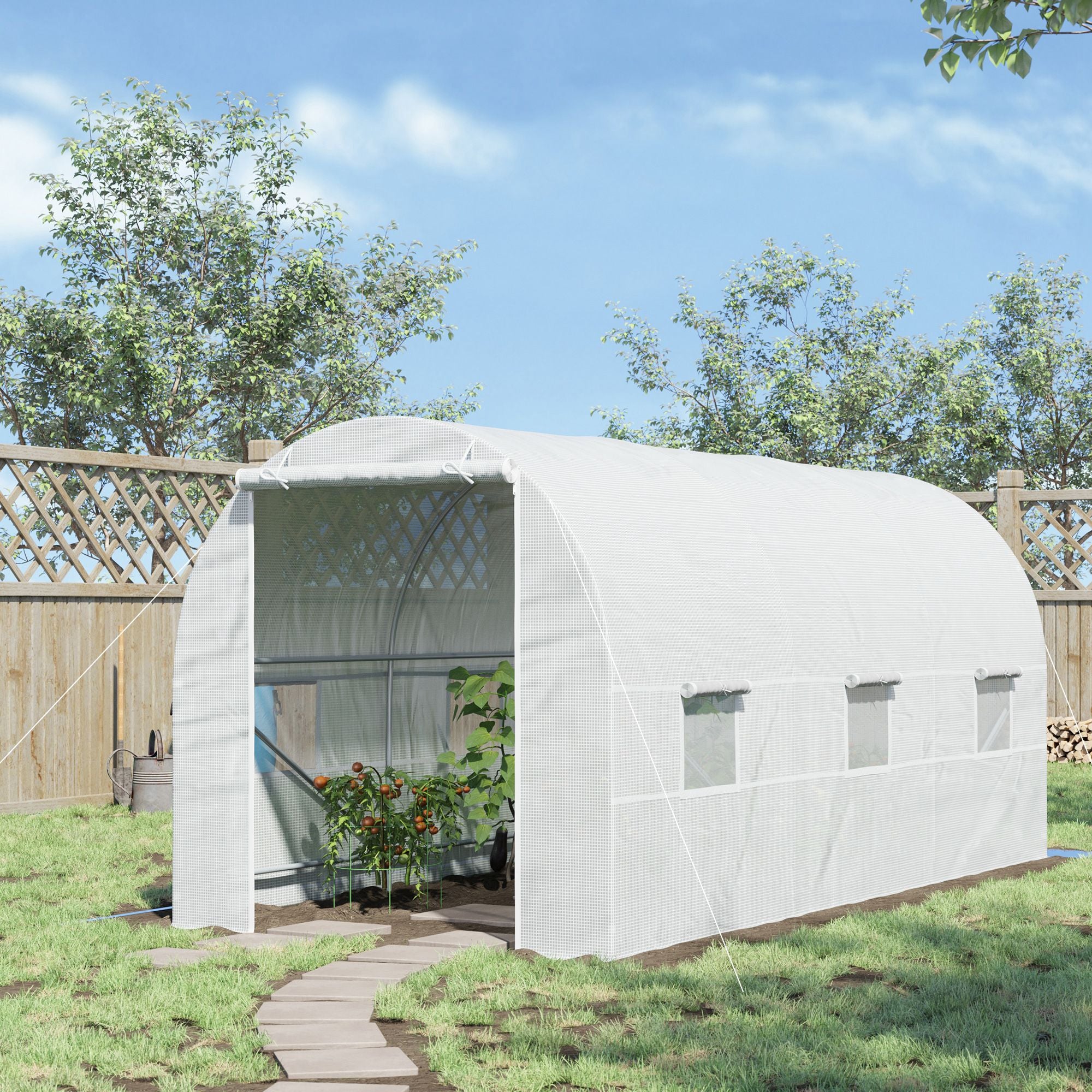 Outsunny 14.6 x 6.6 x 6.6ft Walk-in Tunnel Greenhouse Portable Garden Plant Growing Warm House with Door and Ventilation Window White