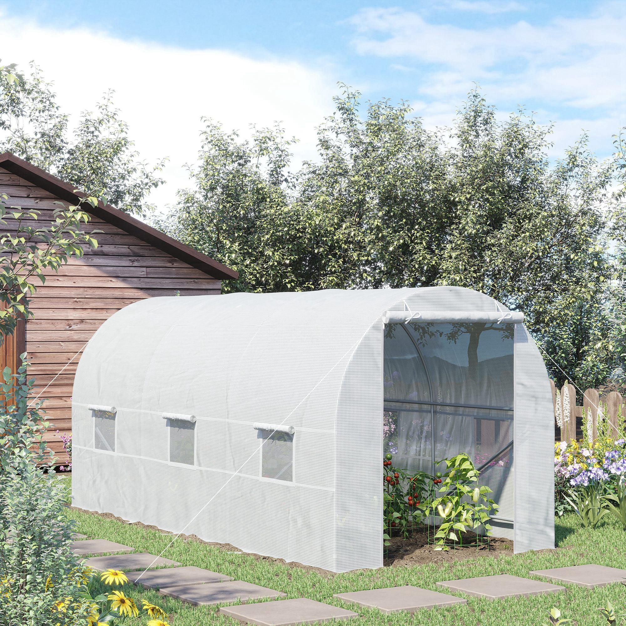 Outsunny 14.6 x 6.6 x 6.6ft Walk-in Tunnel Greenhouse Portable Garden Plant Growing Warm House with Door and Ventilation Window White
