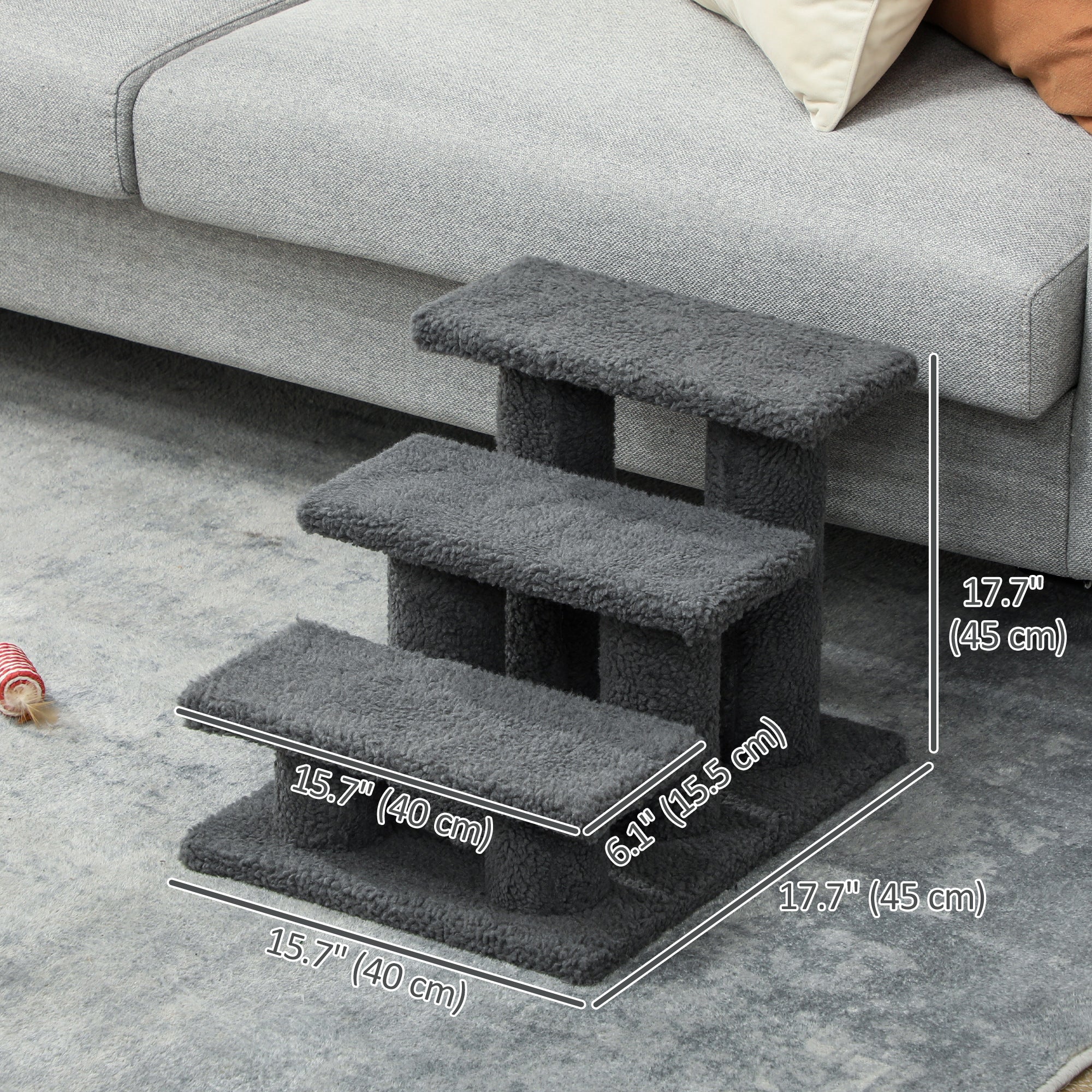 PawHut 3-Step Multi-Level Carpeted Cat Scratching Post Pet Stairs, Dark Grey