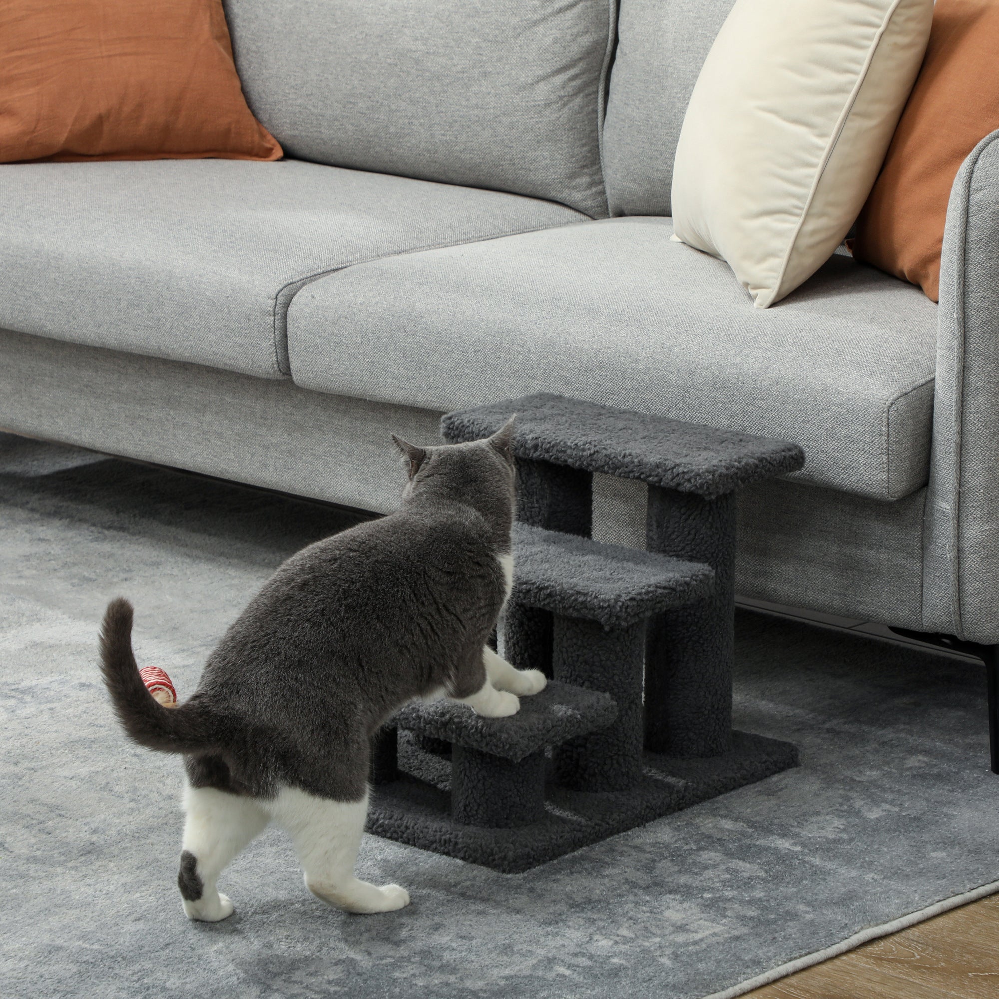 PawHut 3-Step Multi-Level Carpeted Cat Scratching Post Pet Stairs, Dark Grey