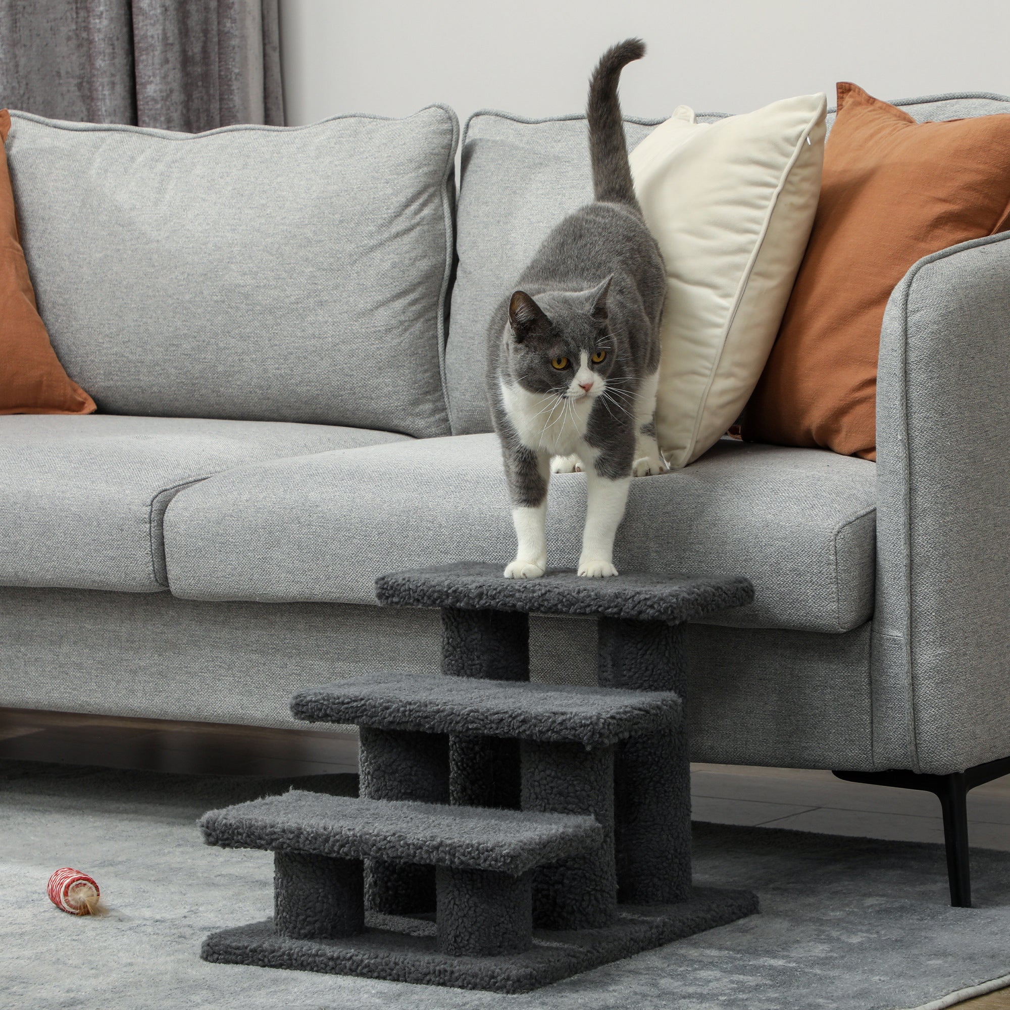 PawHut 3-Step Multi-Level Carpeted Cat Scratching Post Pet Stairs, Dark Grey