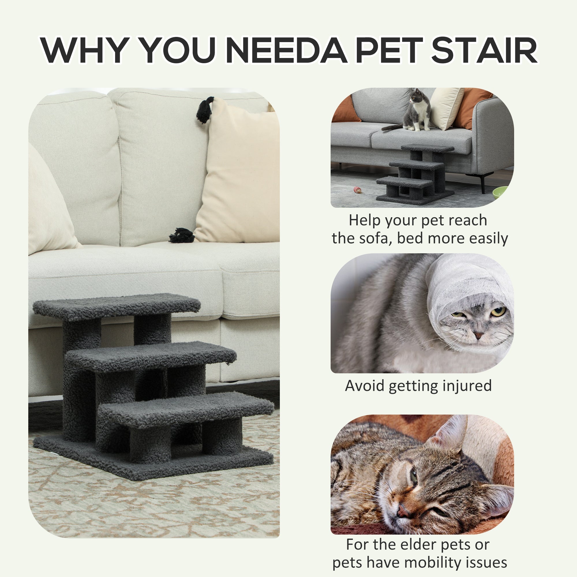 PawHut 3-Step Multi-Level Carpeted Cat Scratching Post Pet Stairs, Dark Grey