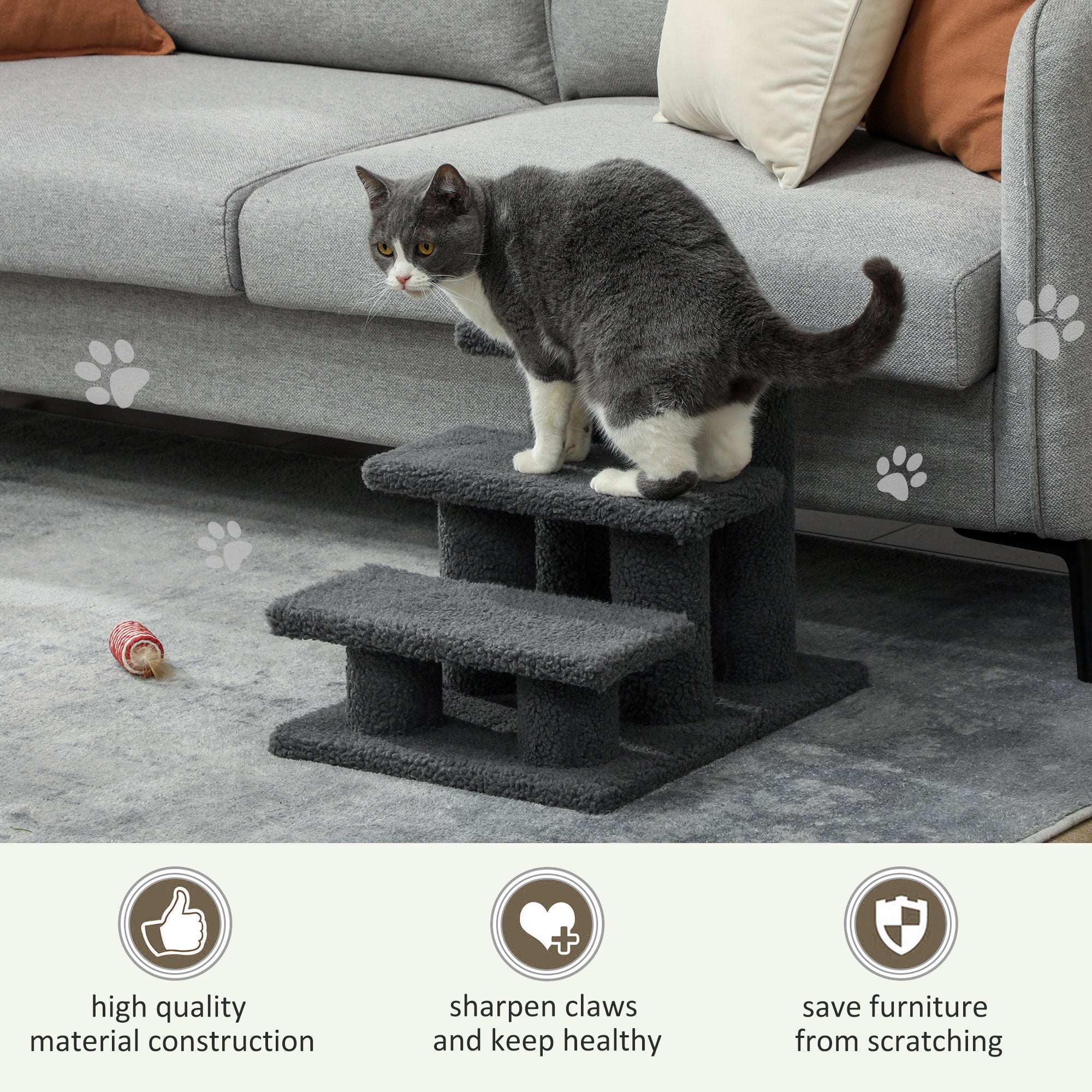 PawHut 3-Step Multi-Level Carpeted Cat Scratching Post Pet Stairs, Dark Grey