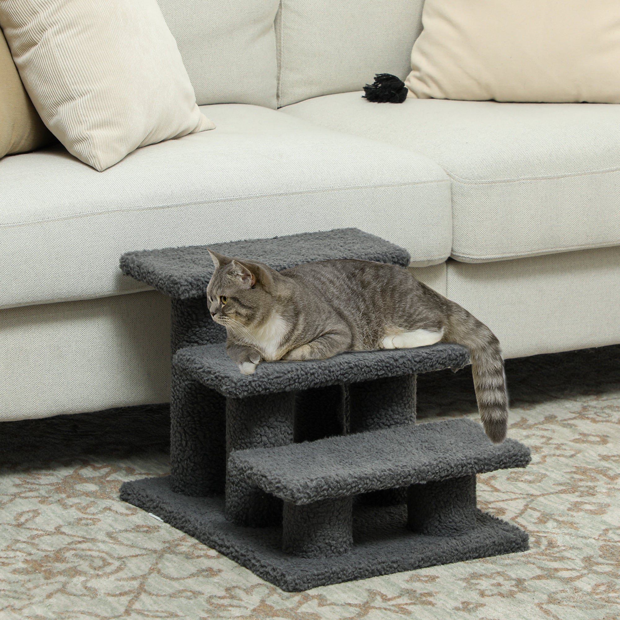 PawHut 3-Step Multi-Level Carpeted Cat Scratching Post Pet Stairs, Dark Grey