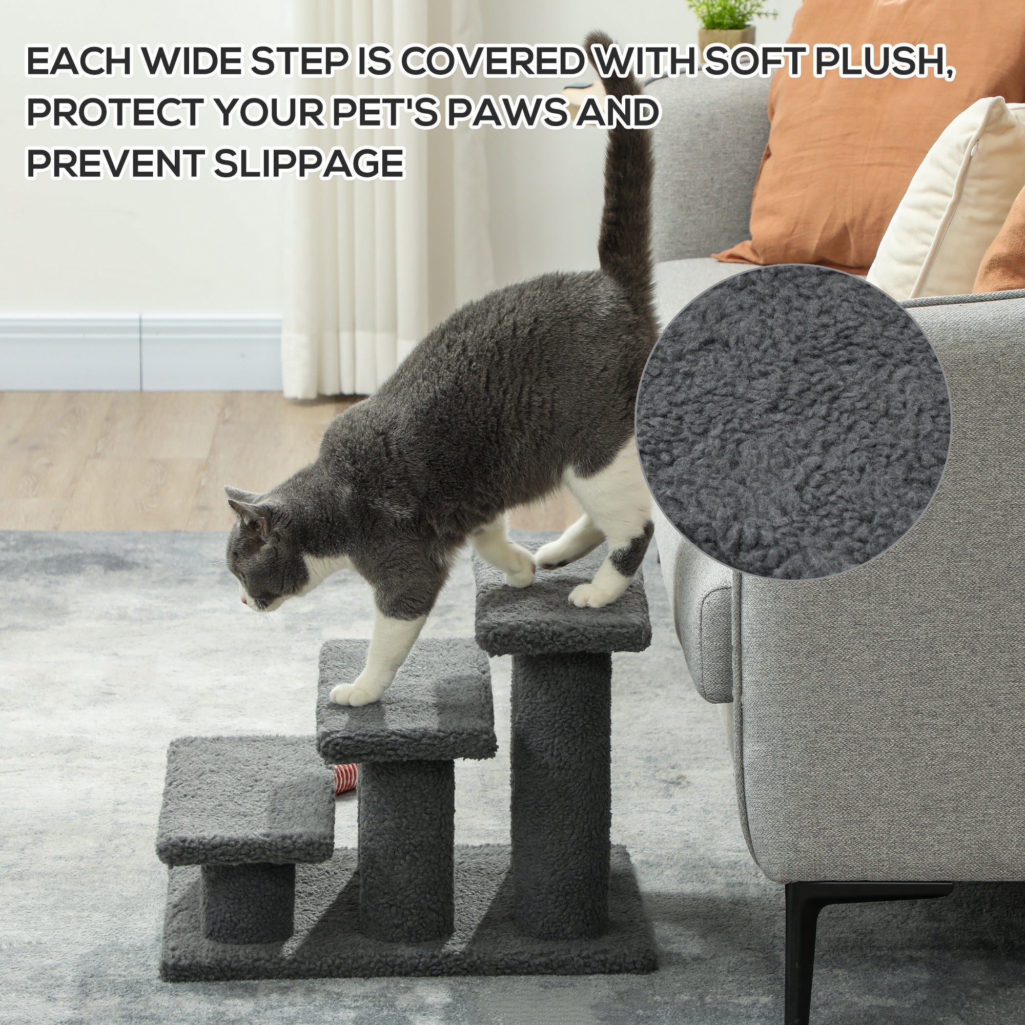 PawHut 3-Step Multi-Level Carpeted Cat Scratching Post Pet Stairs, Dark Grey