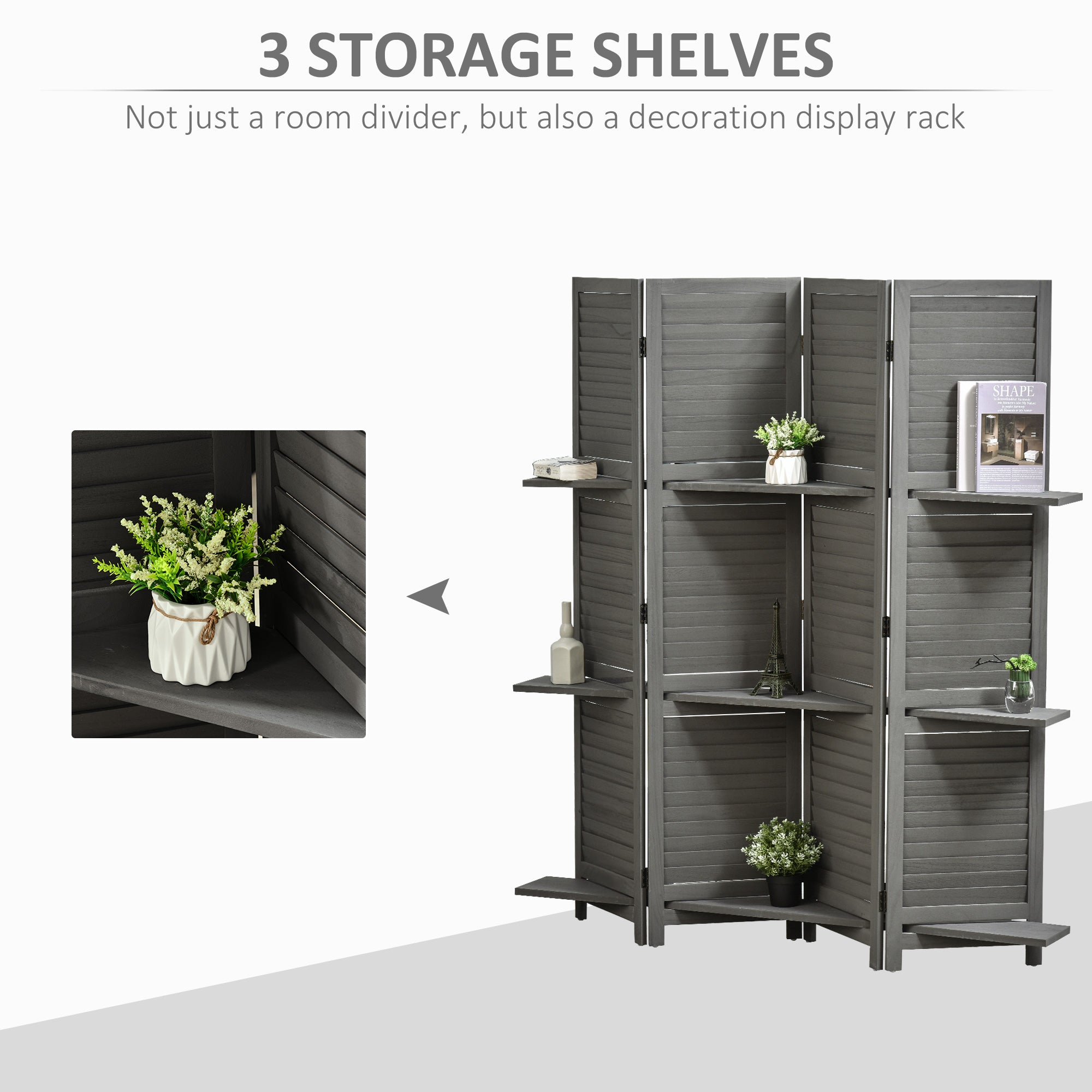 HOMCOM 4 Panel Room Divider with Display Shelf, 5.6 FT Folding Privacy Screen, Portable Freestanding Partition Wall Divider for Home Office, Grey