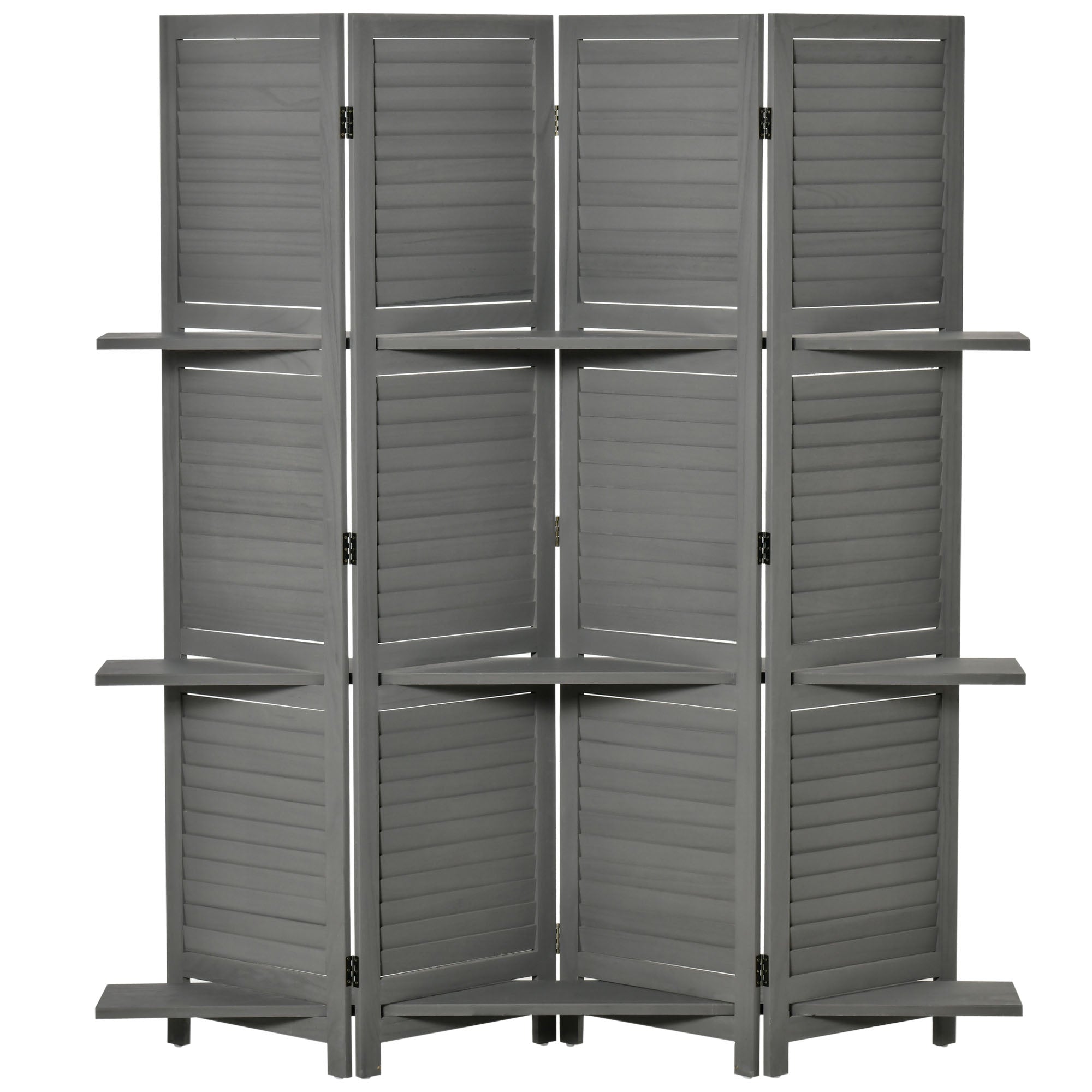 HOMCOM 4 Panel Room Divider with Display Shelf, 5.6 FT Folding Privacy Screen, Portable Freestanding Partition Wall Divider for Home Office, Grey