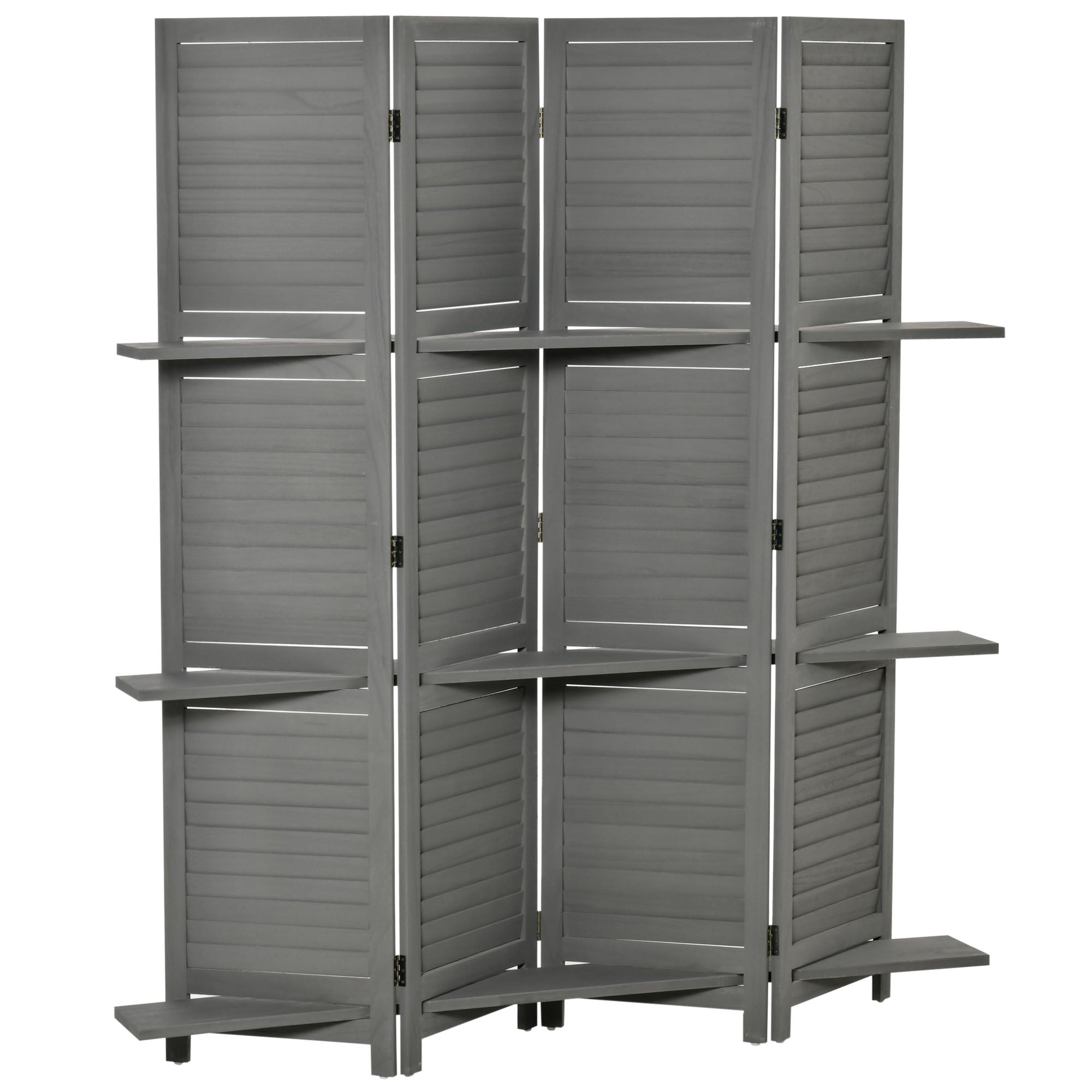 HOMCOM 4 Panel Room Divider with Display Shelf, 5.6 FT Folding Privacy Screen, Portable Freestanding Partition Wall Divider for Home Office, Grey