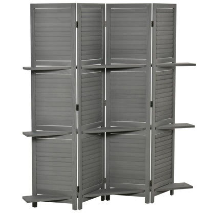 HOMCOM 4 Panel Room Divider with Display Shelf, 5.6 FT Folding Privacy Screen, Portable Freestanding Partition Wall Divider for Home Office, Grey