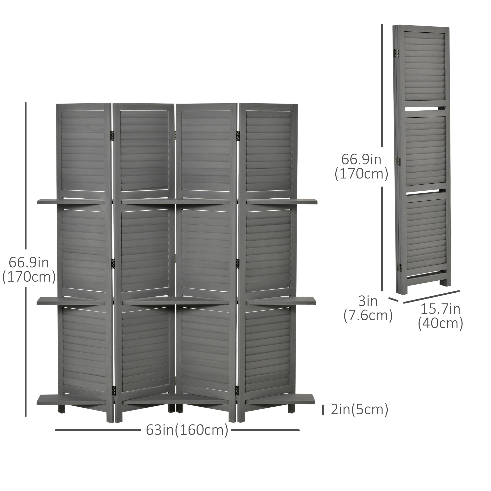 HOMCOM 4 Panel Room Divider with Display Shelf, 5.6 FT Folding Privacy Screen, Portable Freestanding Partition Wall Divider for Home Office, Grey