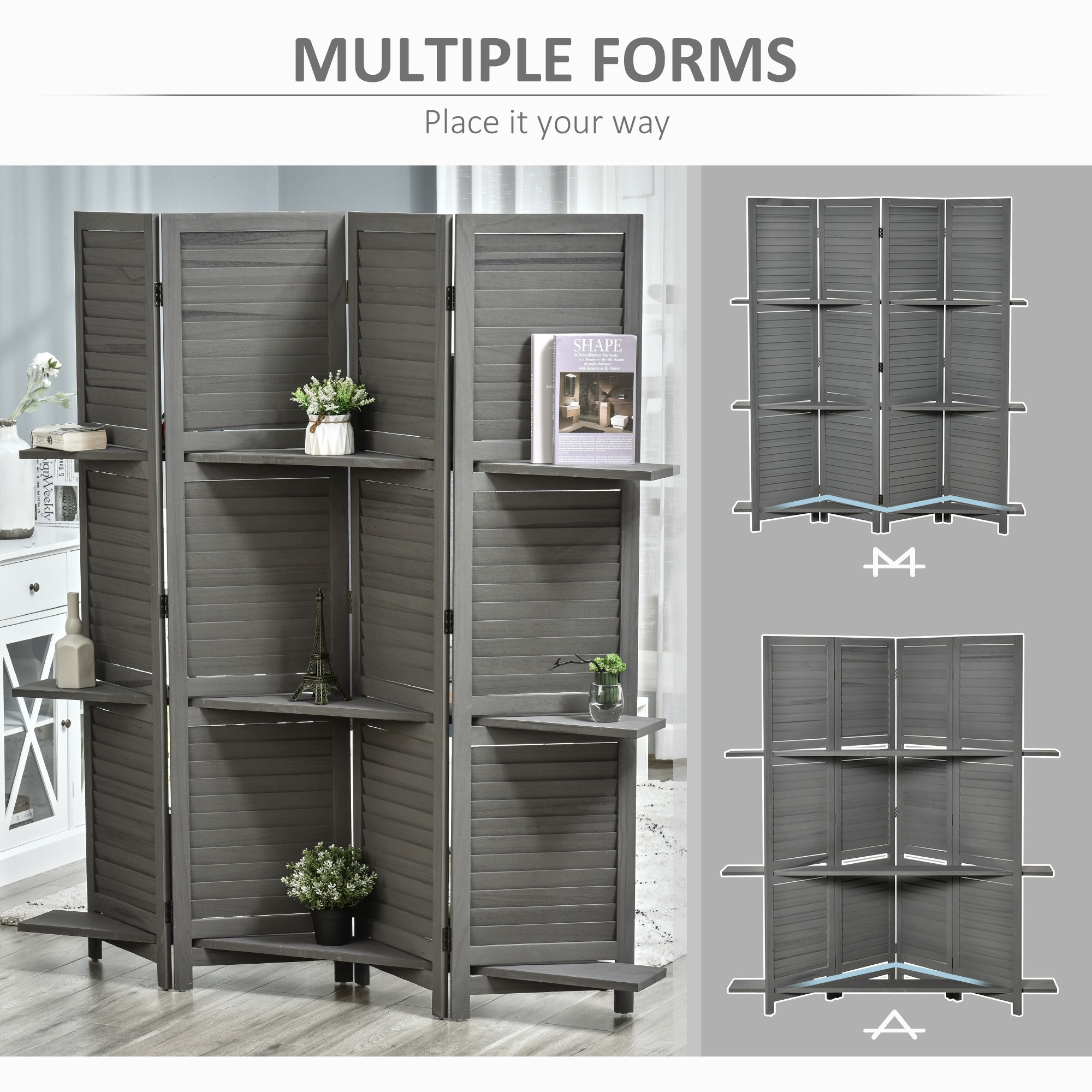 HOMCOM 4 Panel Room Divider with Display Shelf, 5.6 FT Folding Privacy Screen, Portable Freestanding Partition Wall Divider for Home Office, Grey