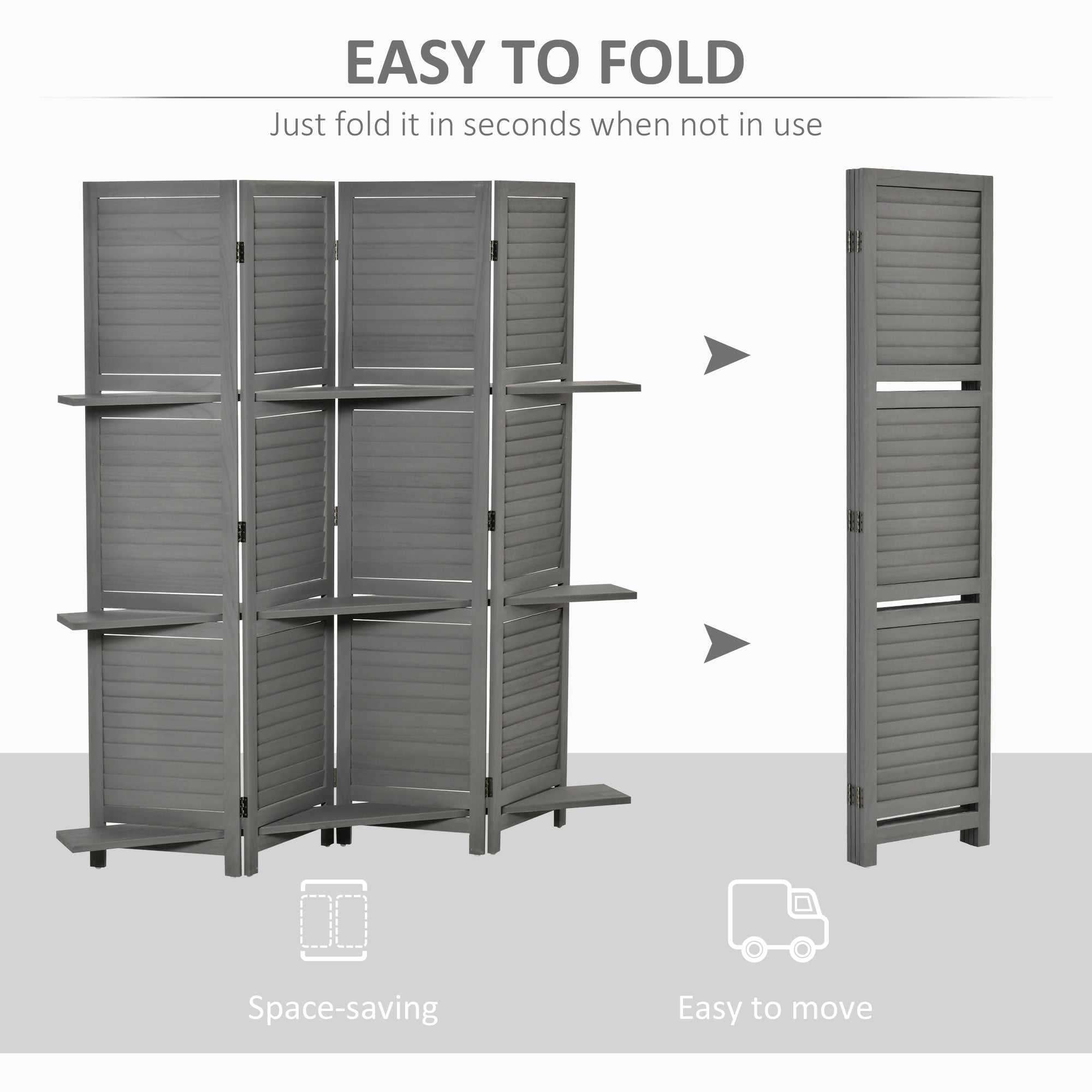 HOMCOM 4 Panel Room Divider with Display Shelf, 5.6 FT Folding Privacy Screen, Portable Freestanding Partition Wall Divider for Home Office, Grey