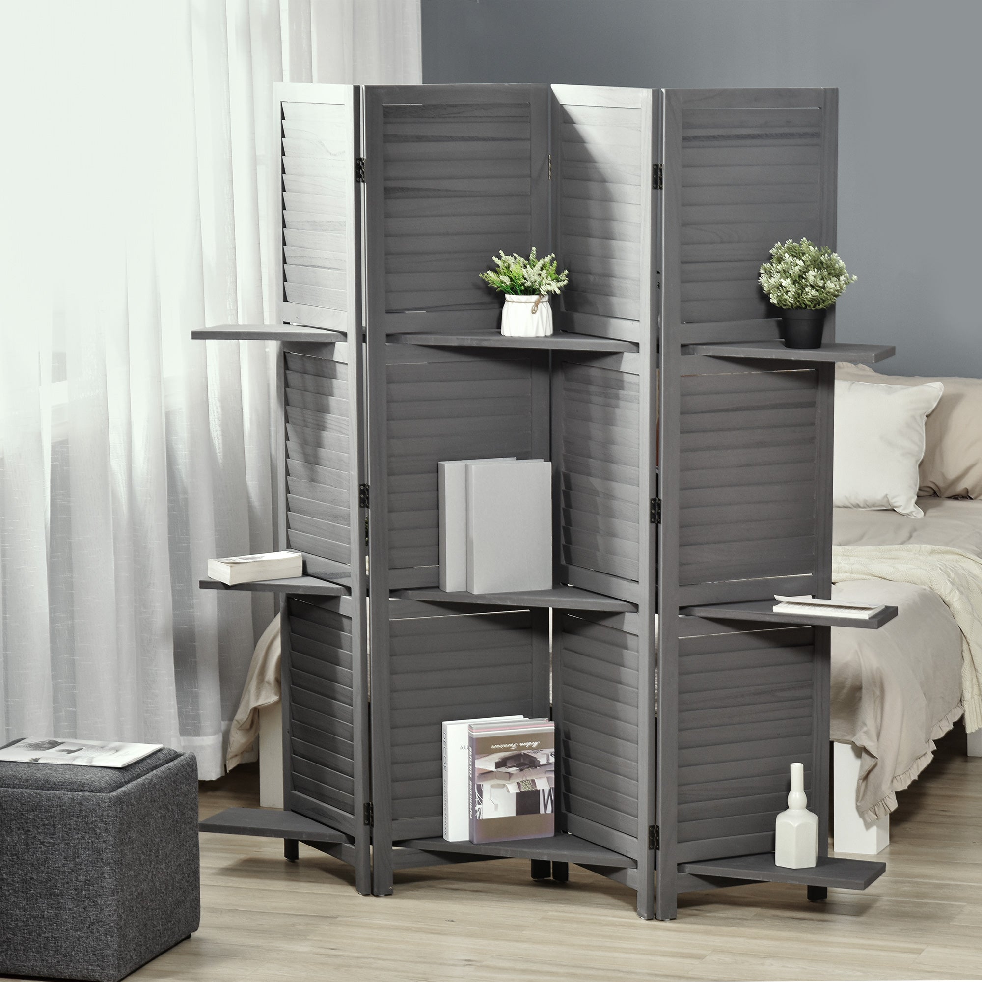 HOMCOM 4 Panel Room Divider with Display Shelf, 5.6 FT Folding Privacy Screen, Portable Freestanding Partition Wall Divider for Home Office, Grey