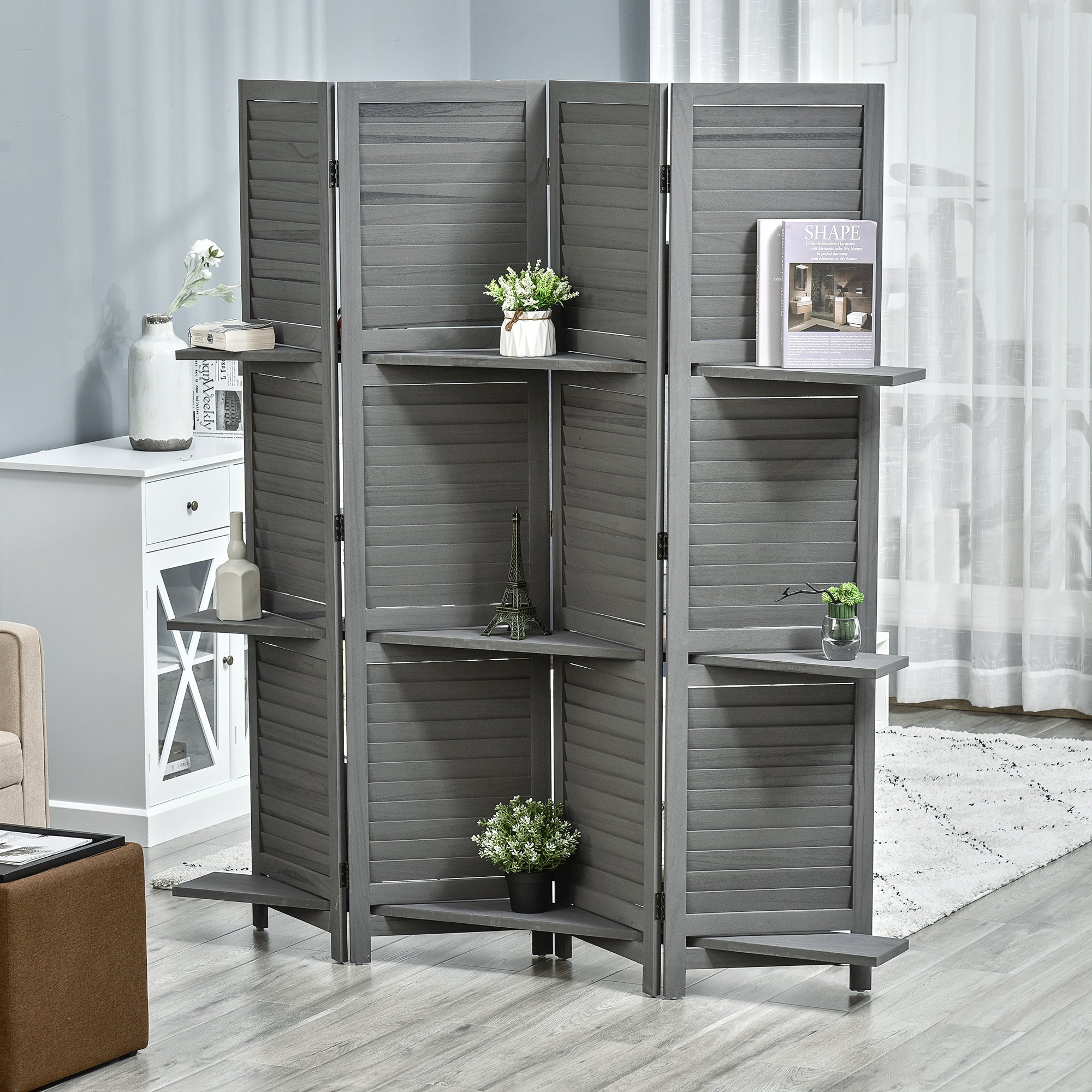 HOMCOM 4 Panel Room Divider with Display Shelf, 5.6 FT Folding Privacy Screen, Portable Freestanding Partition Wall Divider for Home Office, Grey