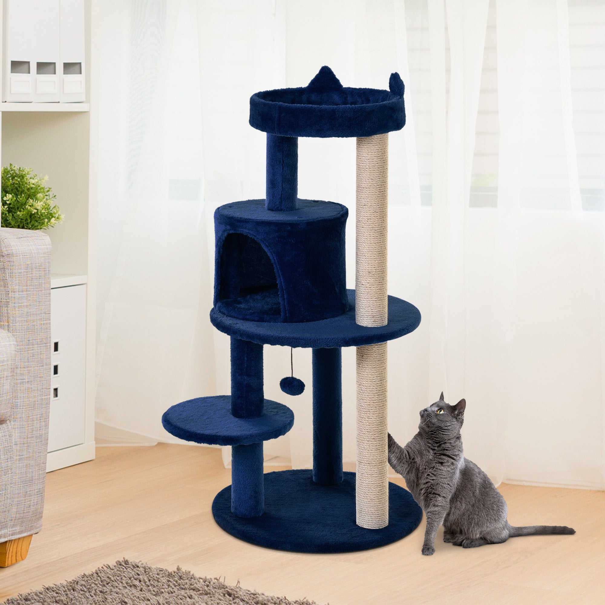 PawHut 104 cm Cat Tree, Cat Condo Tree Tower, Cat Activity Centre with Scratching Posts, Plush Perches, Hanging Ball - Blue