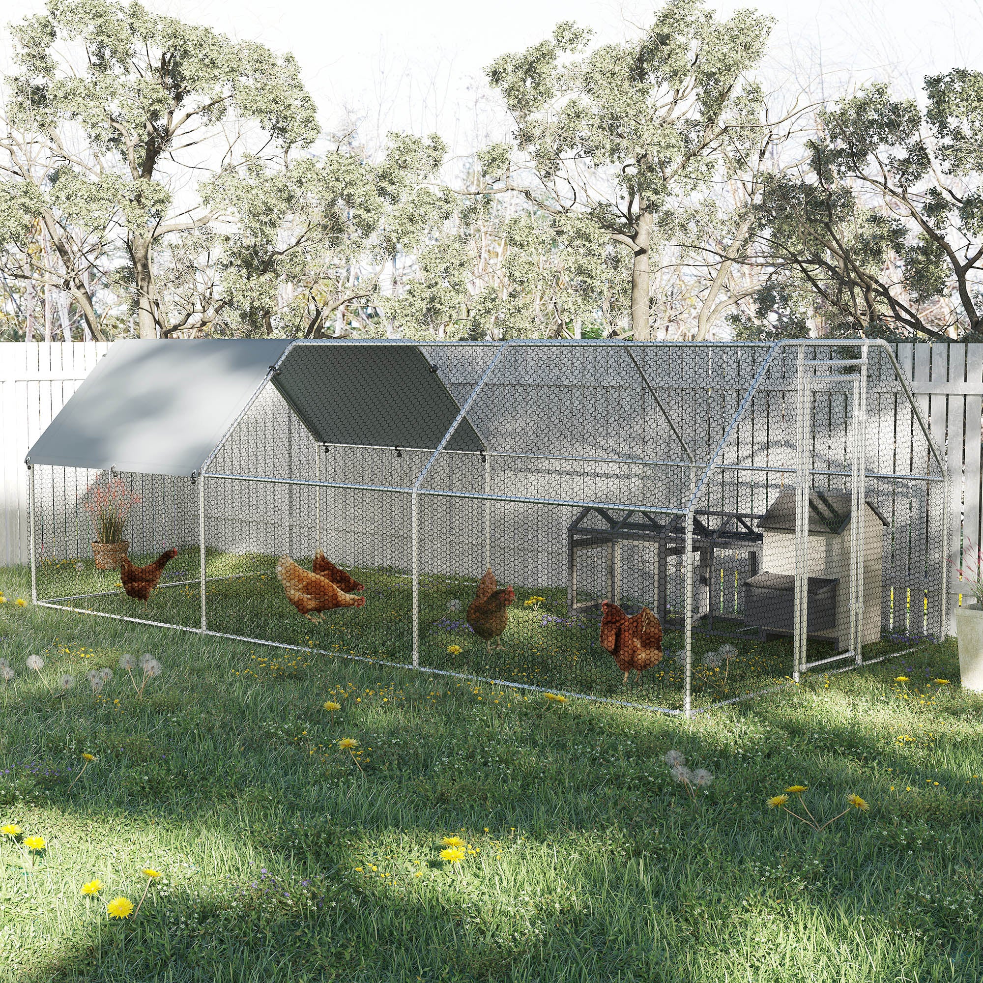 PawHut 9.2' x 18.7' Metal Chicken Coop, Galvanized Walk-in Hen House, Poultry Cage Outdoor Backyard with Waterproof UV-Protection Cover for Rabbits, Ducks