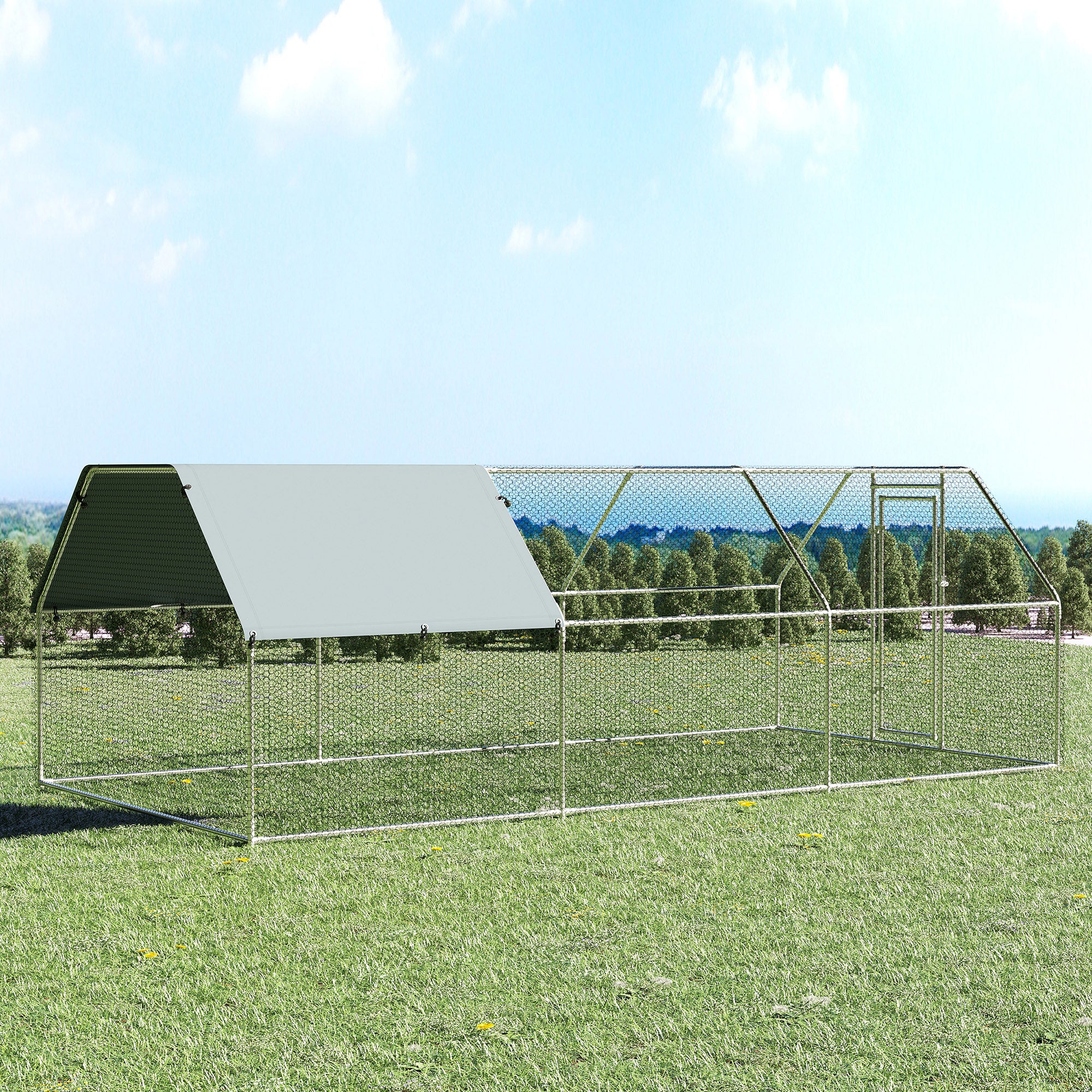PawHut 9.2' x 18.7' Metal Chicken Coop, Galvanized Walk-in Hen House, Poultry Cage Outdoor Backyard with Waterproof UV-Protection Cover for Rabbits, Ducks