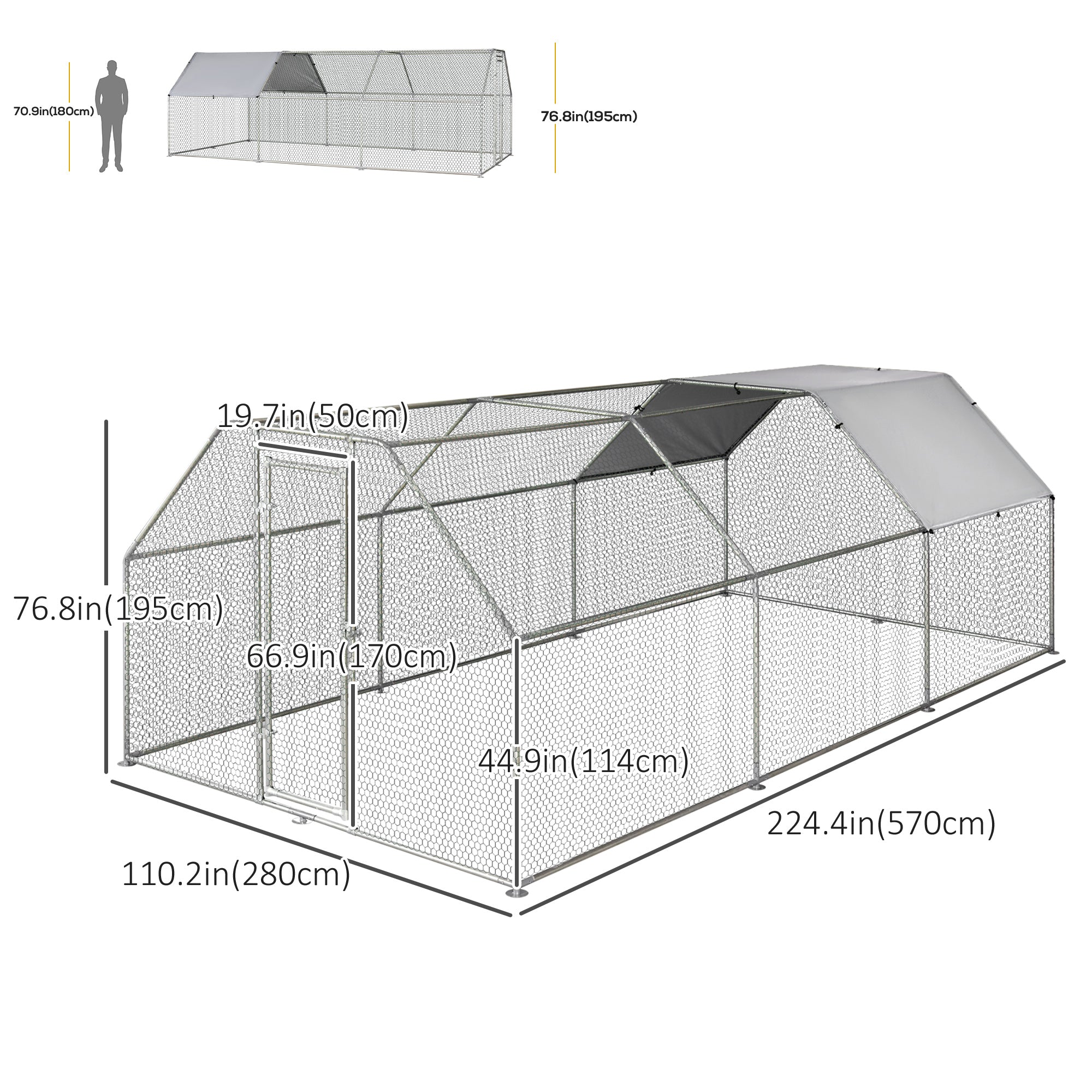 PawHut 9.2' x 18.7' Metal Chicken Coop, Galvanized Walk-in Hen House, Poultry Cage Outdoor Backyard with Waterproof UV-Protection Cover for Rabbits, Ducks