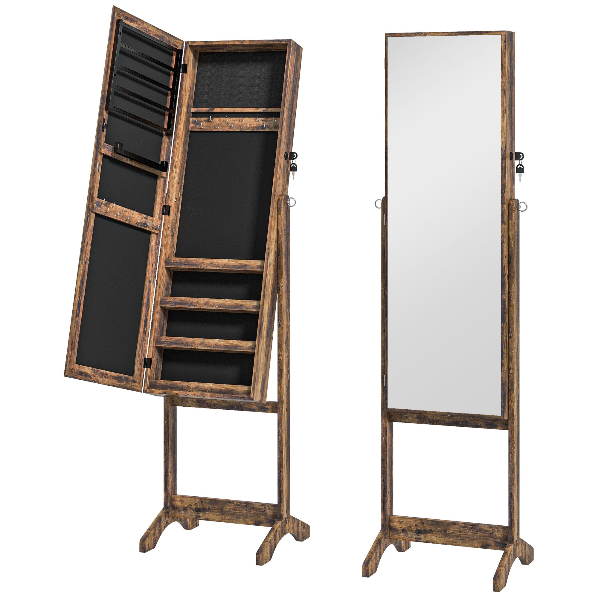 HOMCOM Jewelry Cabinet Floor Standing, Lockable Jewelry Organizer with Full-Length Mirror, 3 Angle Adjustable, Rustic Brown