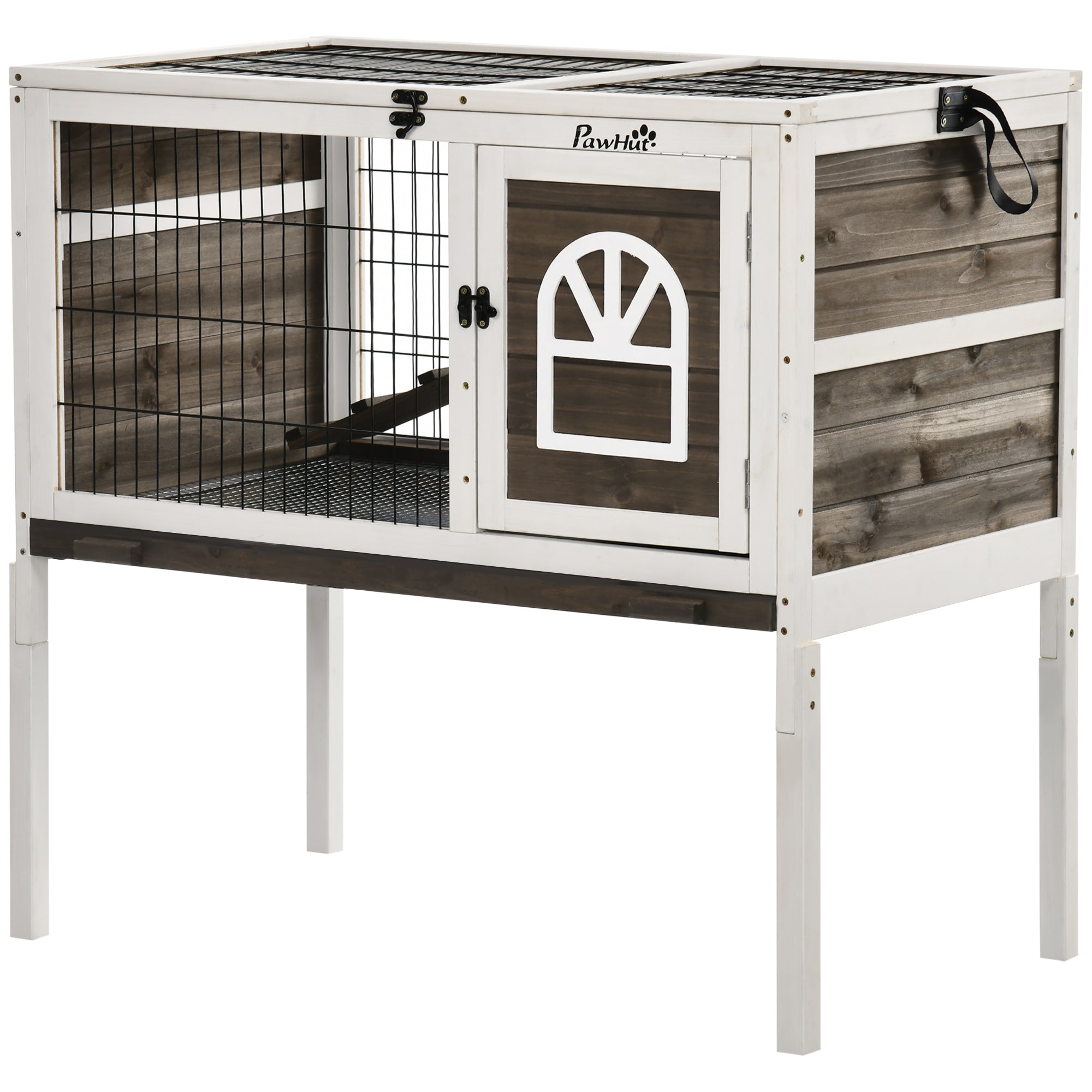PawHut Wooden Rabbit Hutch, Elevated Guinea Pig Cage w/ Openable Roof, Ladder, Removable Tray, 90 x 53 x 87cm - Brown