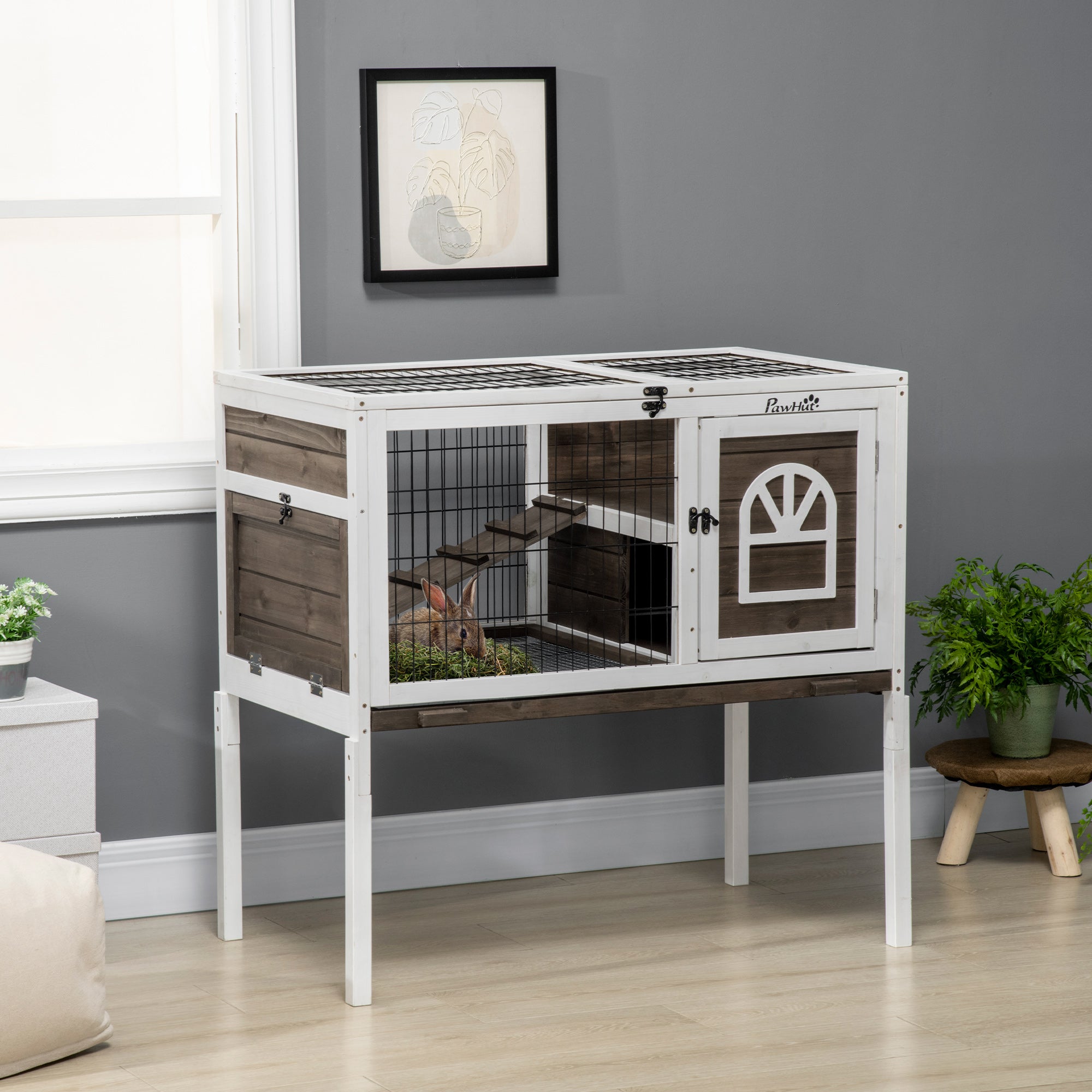 PawHut Wooden Rabbit Hutch, Elevated Guinea Pig Cage w/ Openable Roof, Ladder, Removable Tray, 90 x 53 x 87cm - Brown