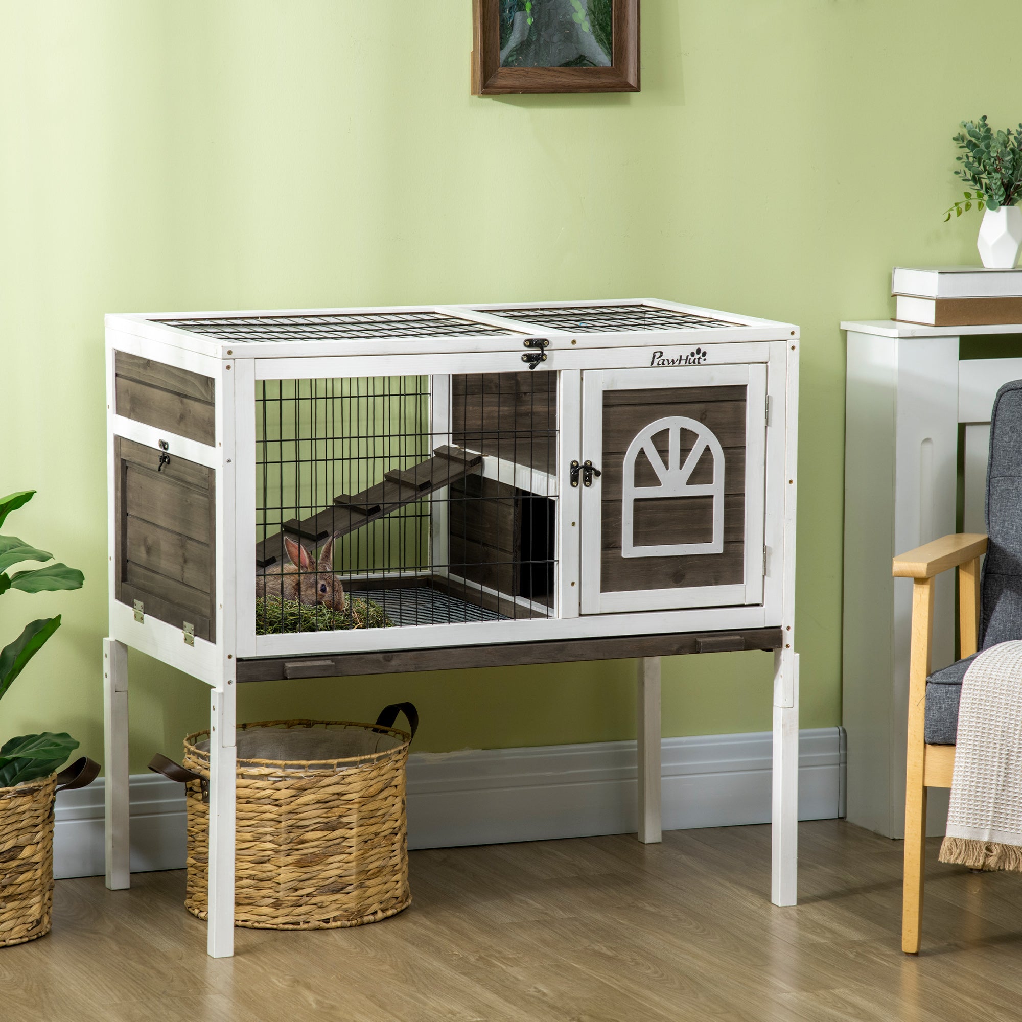 PawHut Wooden Rabbit Hutch, Elevated Guinea Pig Cage w/ Openable Roof, Ladder, Removable Tray, 90 x 53 x 87cm - Brown