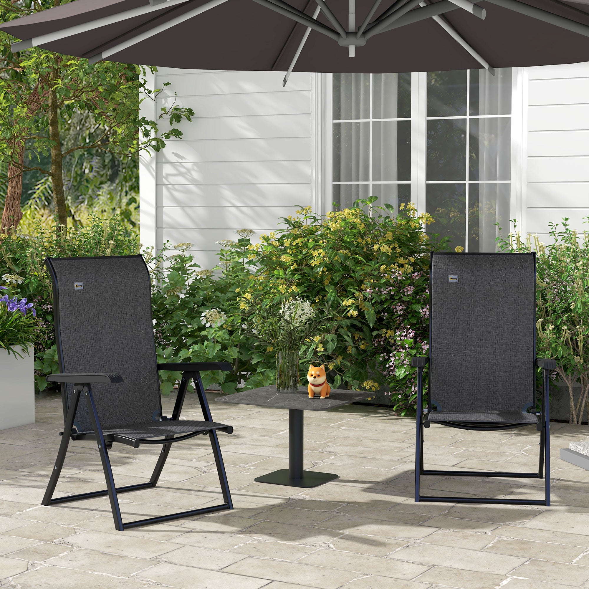 Outsunny Set of 2 Outdoor Wicker Folding Chairs, Patio PE Rattan Dining Armrests Chair set with 7 Levels Adjustable Backrest, for Outdoors, Camping, Grey