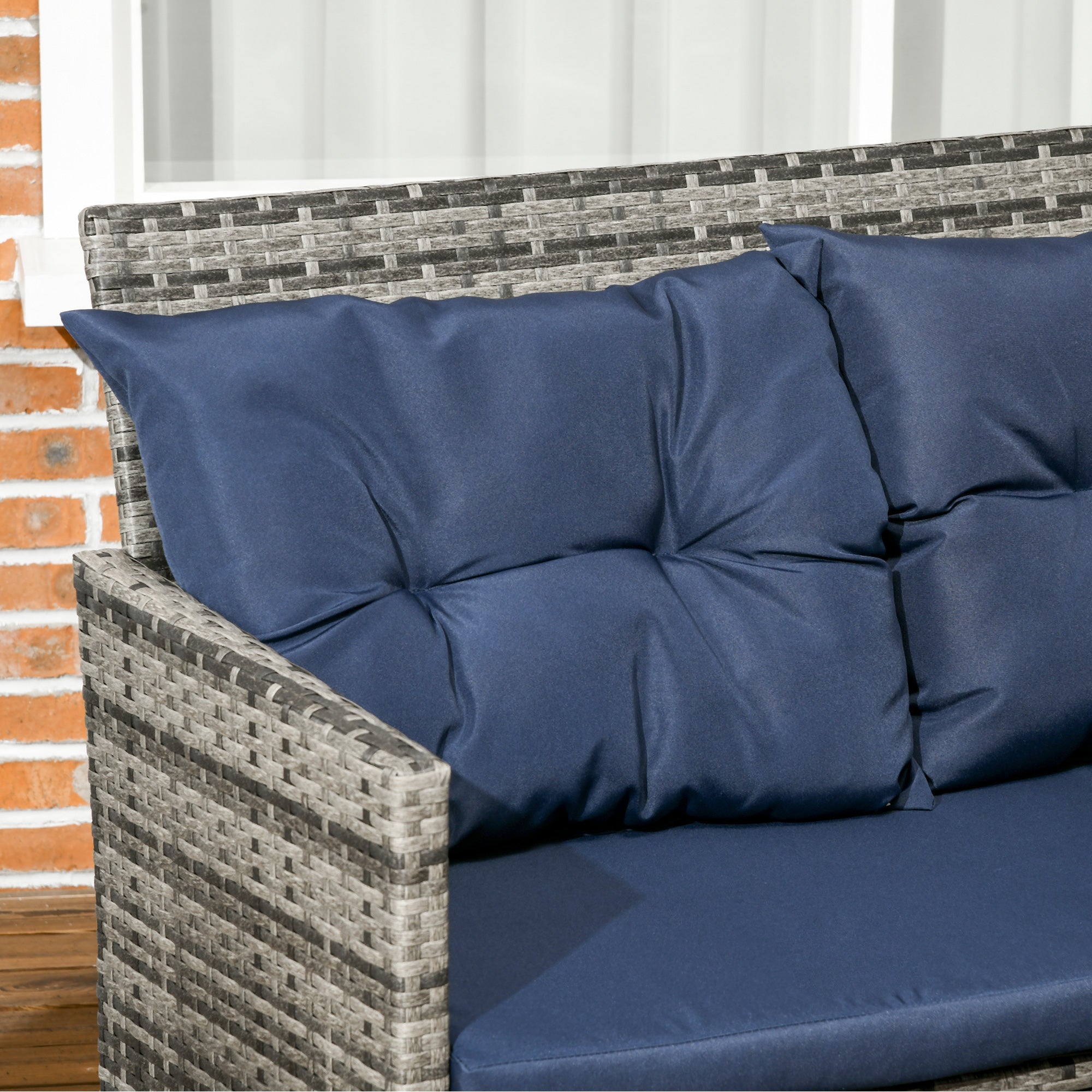Outsunny 6 Pieces Patio Dining Set Wicker Outdoor Furniture Set Garden Rattan Sofa Set Outdoor Sectional Couch with Cushions, Dining Table and Ottomans, Sky Blue