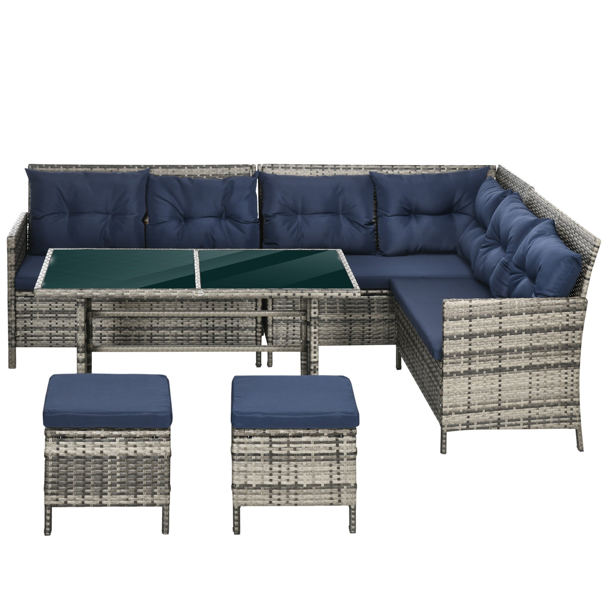 Outsunny 6 Pieces Patio Dining Set Wicker Outdoor Furniture Set Garden Rattan Sofa Set Outdoor Sectional Couch with Cushions, Dining Table and Ottomans, Sky Blue