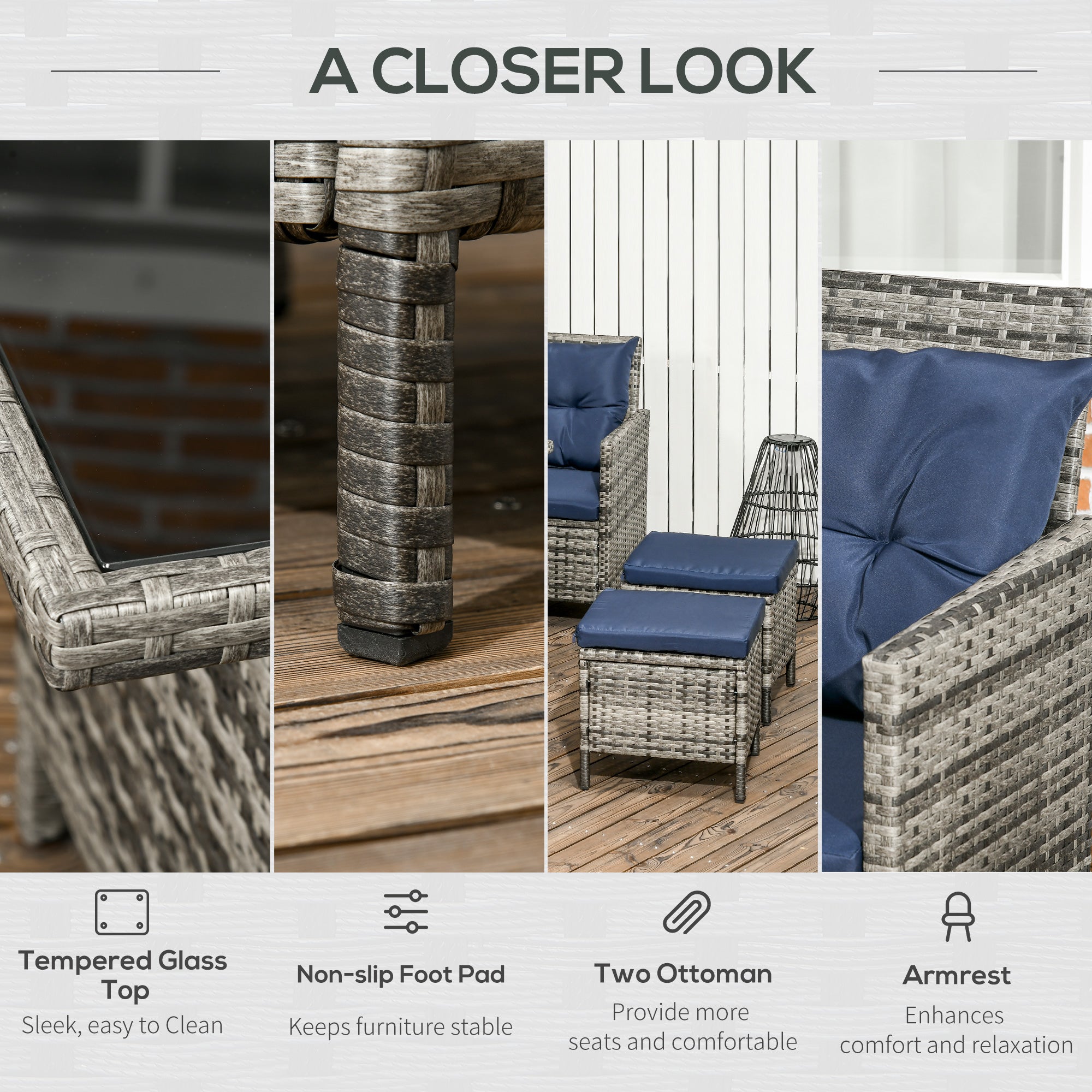 Outsunny 6 Pieces Patio Dining Set Wicker Outdoor Furniture Set Garden Rattan Sofa Set Outdoor Sectional Couch with Cushions, Dining Table and Ottomans, Sky Blue