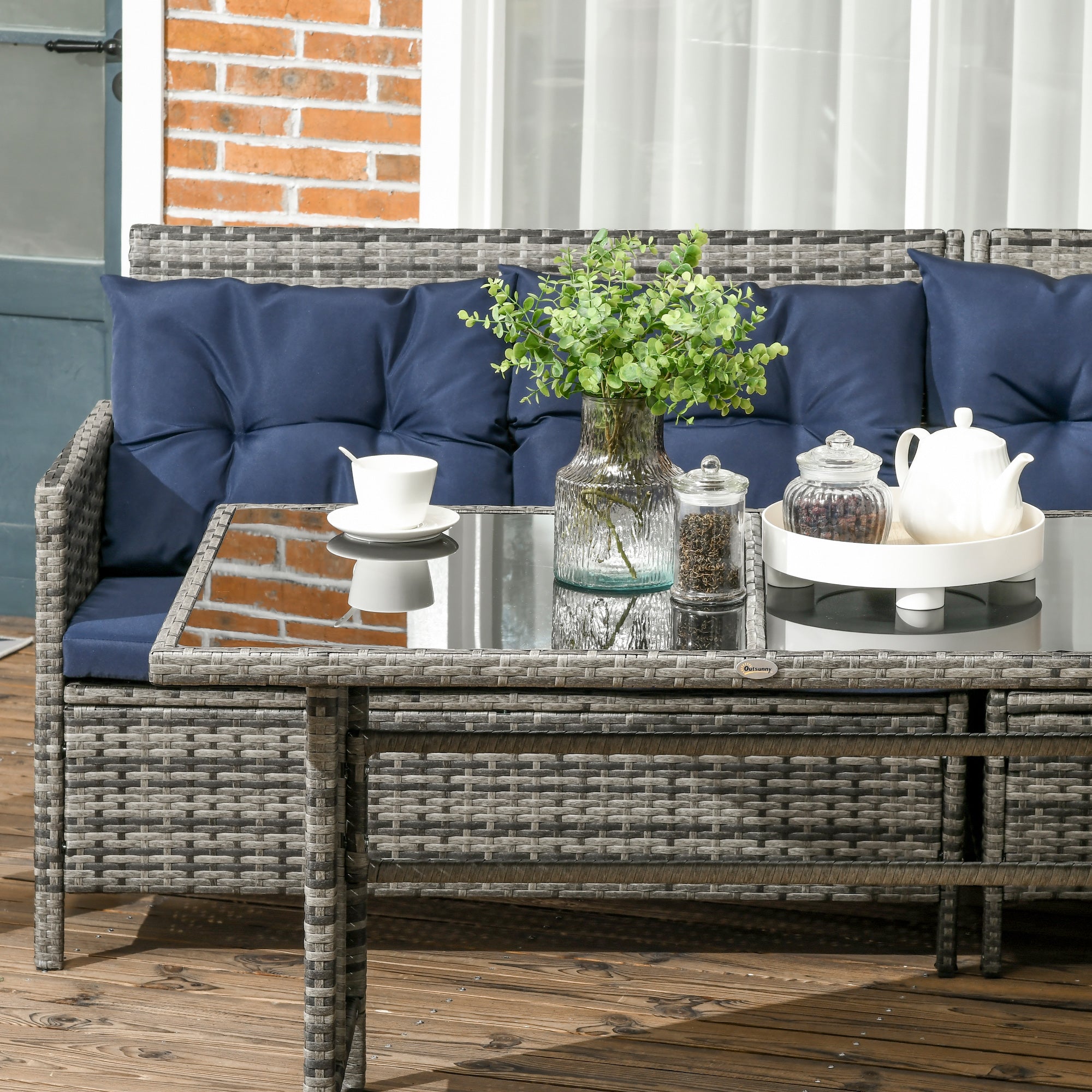 Outsunny 6 Pieces Patio Dining Set Wicker Outdoor Furniture Set Garden Rattan Sofa Set Outdoor Sectional Couch with Cushions, Dining Table and Ottomans, Sky Blue