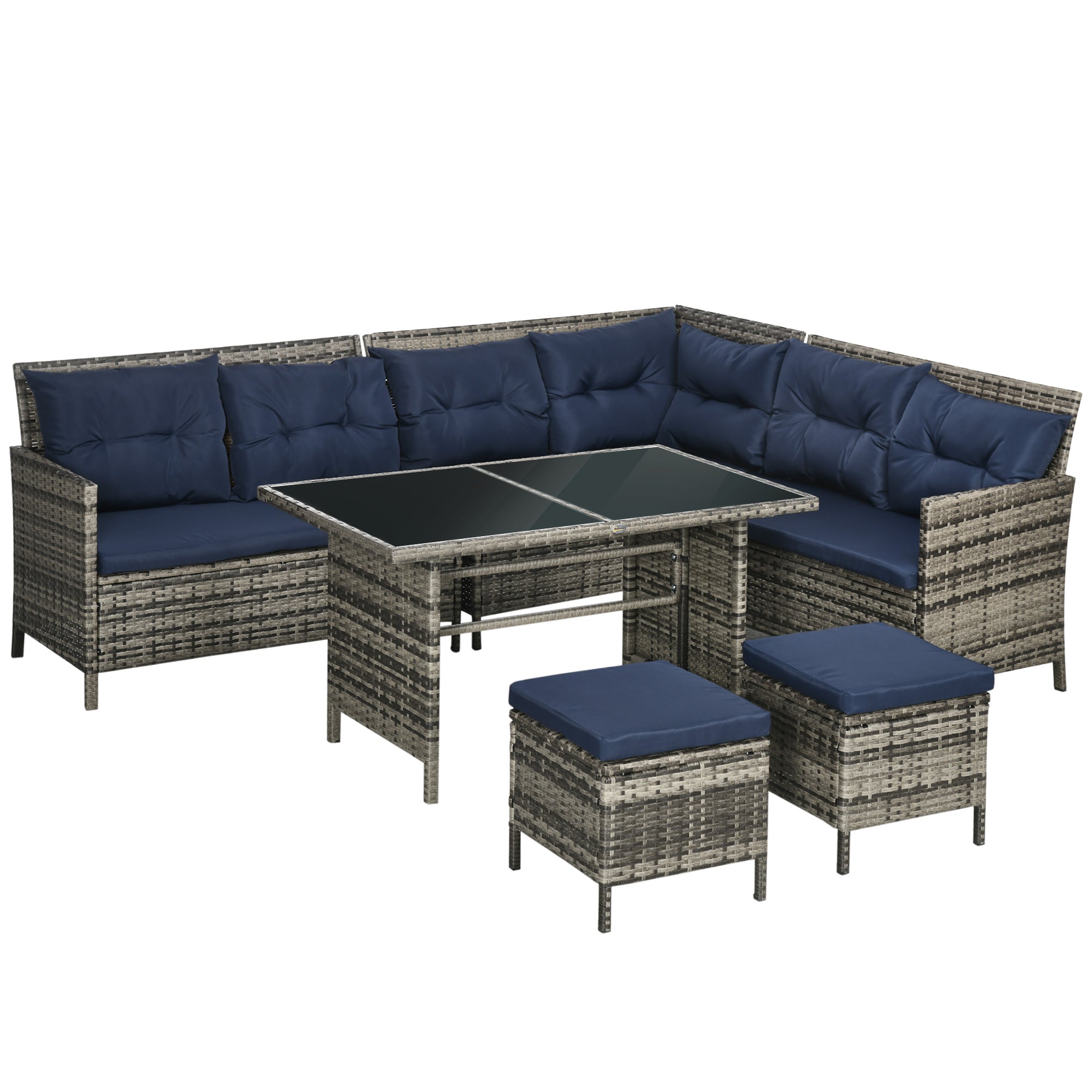 Outsunny 6 Pieces Patio Dining Set Wicker Outdoor Furniture Set Garden Rattan Sofa Set Outdoor Sectional Couch with Cushions, Dining Table and Ottomans, Sky Blue