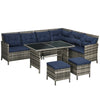 Outsunny 6 Pieces Patio Dining Set Wicker Outdoor Furniture Set Garden Rattan Sofa Set Outdoor Sectional Couch with Cushions, Dining Table and Ottomans, Sky Blue