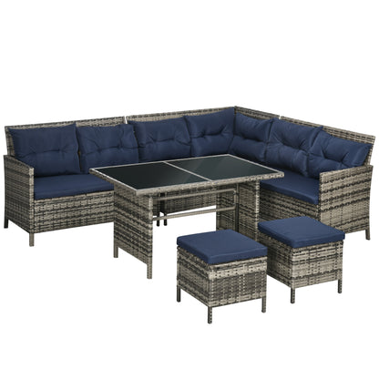 Outsunny 6 Pieces Patio Dining Set Wicker Outdoor Furniture Set Garden Rattan Sofa Set Outdoor Sectional Couch with Cushions, Dining Table and Ottomans, Sky Blue