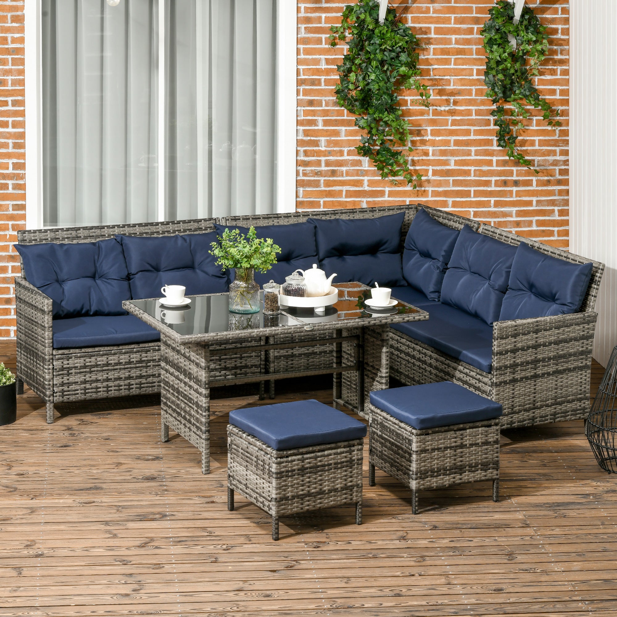 Outsunny 6 Pieces Patio Dining Set Wicker Outdoor Furniture Set Garden Rattan Sofa Set Outdoor Sectional Couch with Cushions, Dining Table and Ottomans, Sky Blue