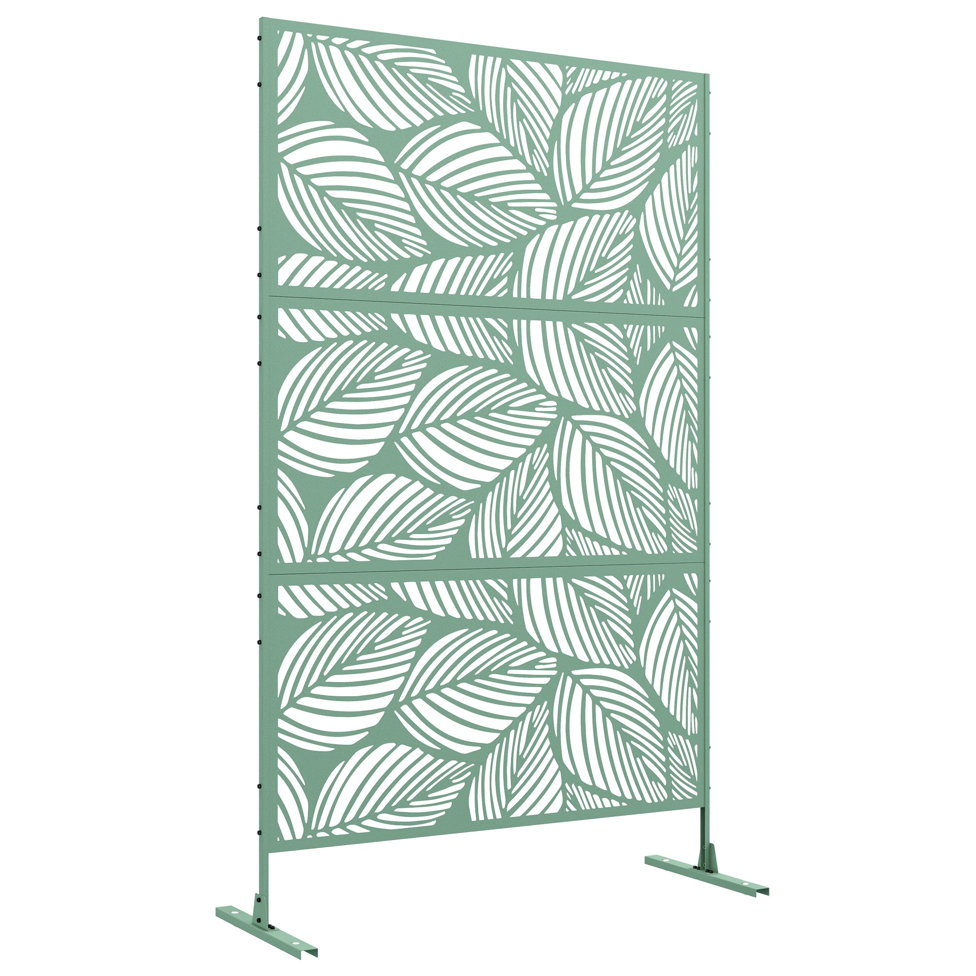 Outsunny Metal Outdoor Privacy Screen, Decorative Outdoor Divider with Stand and Expansion Screws, Freestanding Privacy Panel for Garden, Backyard, Deck, Leaf Style, Light Green