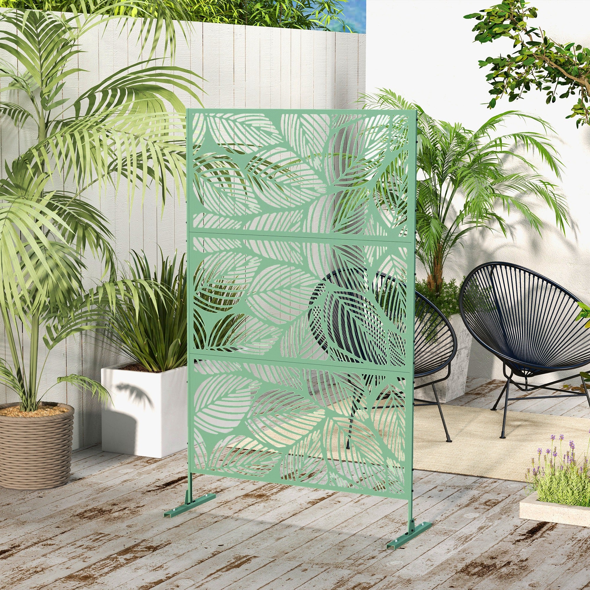 Outsunny Metal Outdoor Privacy Screen, Decorative Outdoor Divider with Stand and Expansion Screws, Freestanding Privacy Panel for Garden, Backyard, Deck, Leaf Style, Light Green