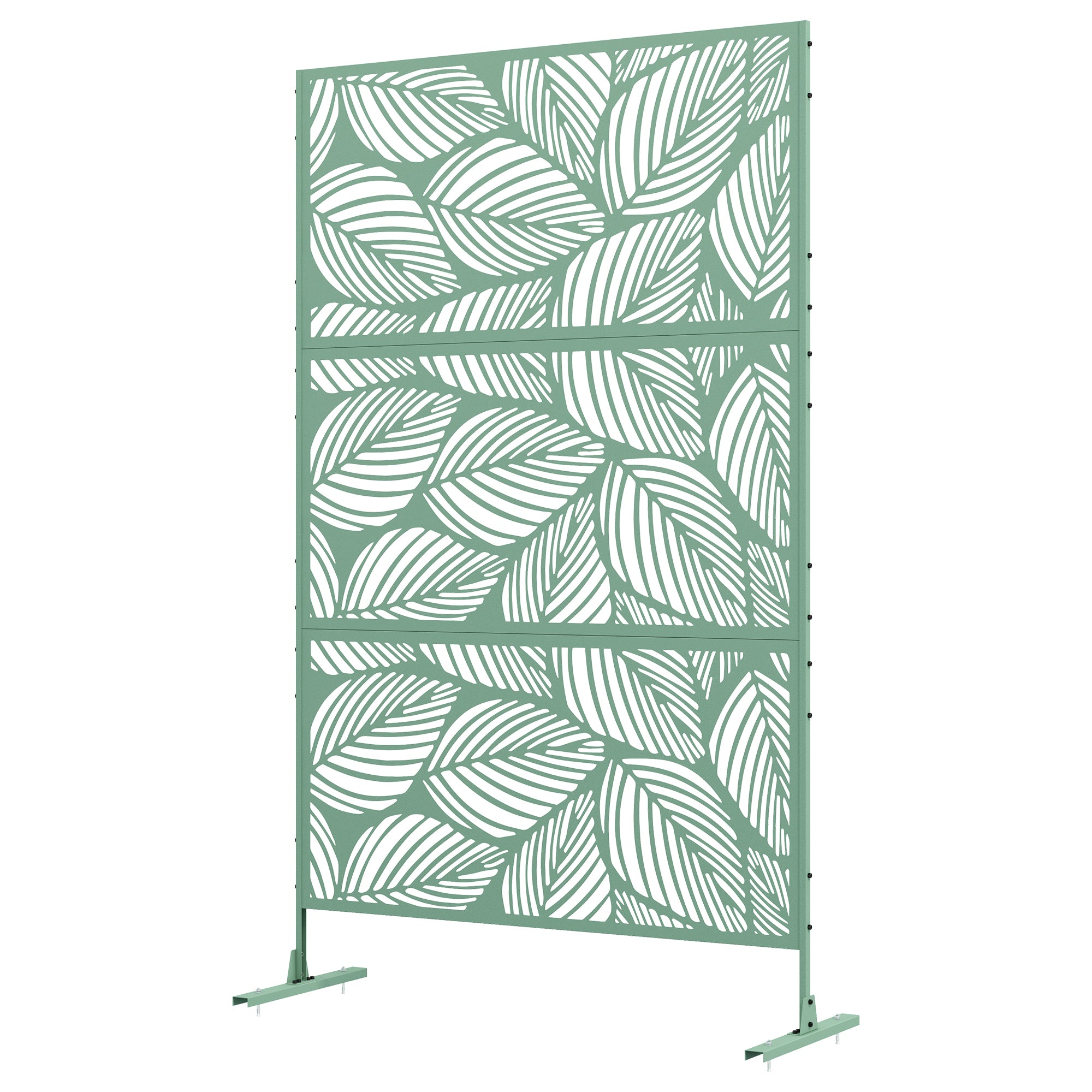 Outsunny Metal Outdoor Privacy Screen, Decorative Outdoor Divider with Stand and Expansion Screws, Freestanding Privacy Panel for Garden, Backyard, Deck, Leaf Style, Light Green