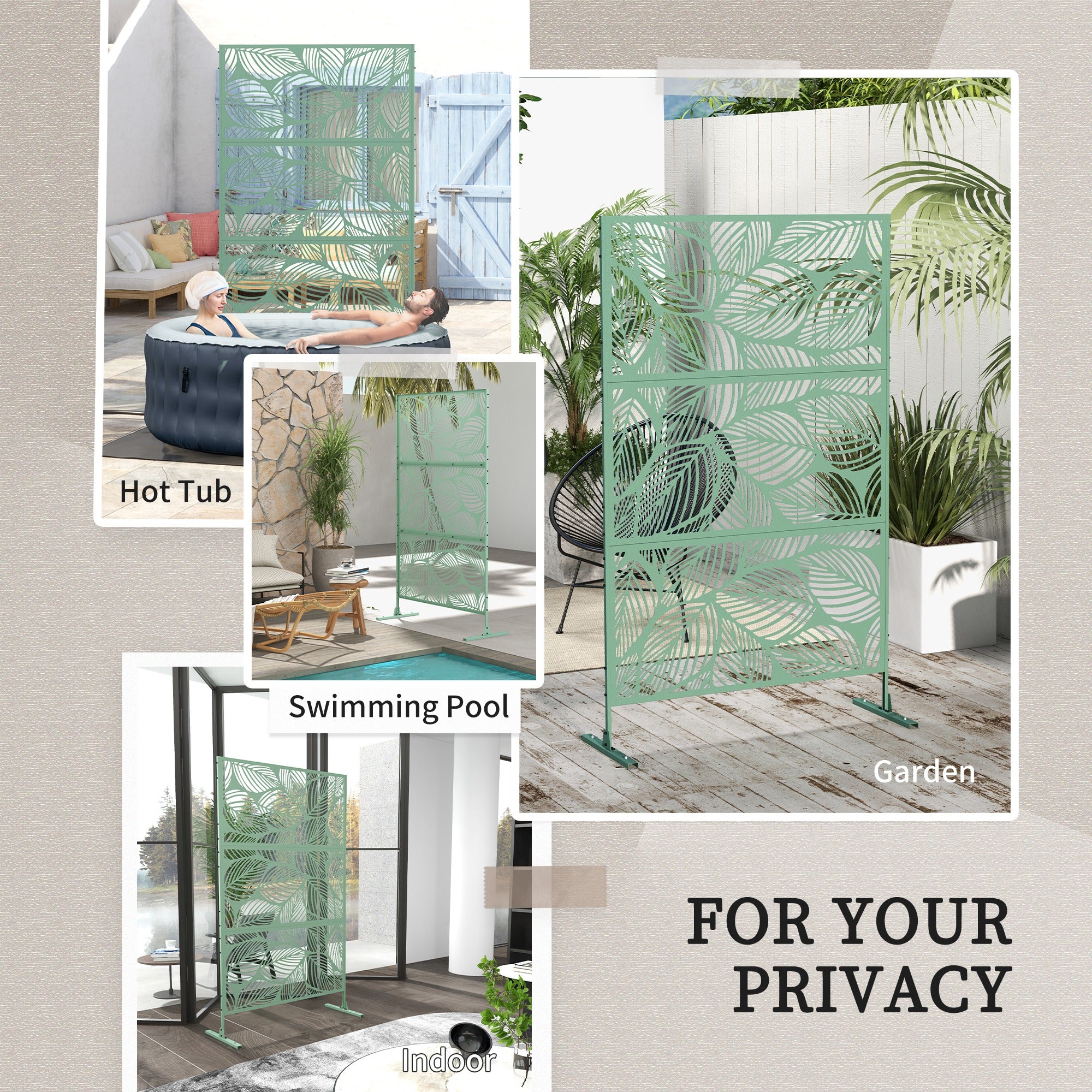 Outsunny Metal Outdoor Privacy Screen, Decorative Outdoor Divider with Stand and Expansion Screws, Freestanding Privacy Panel for Garden, Backyard, Deck, Leaf Style, Light Green
