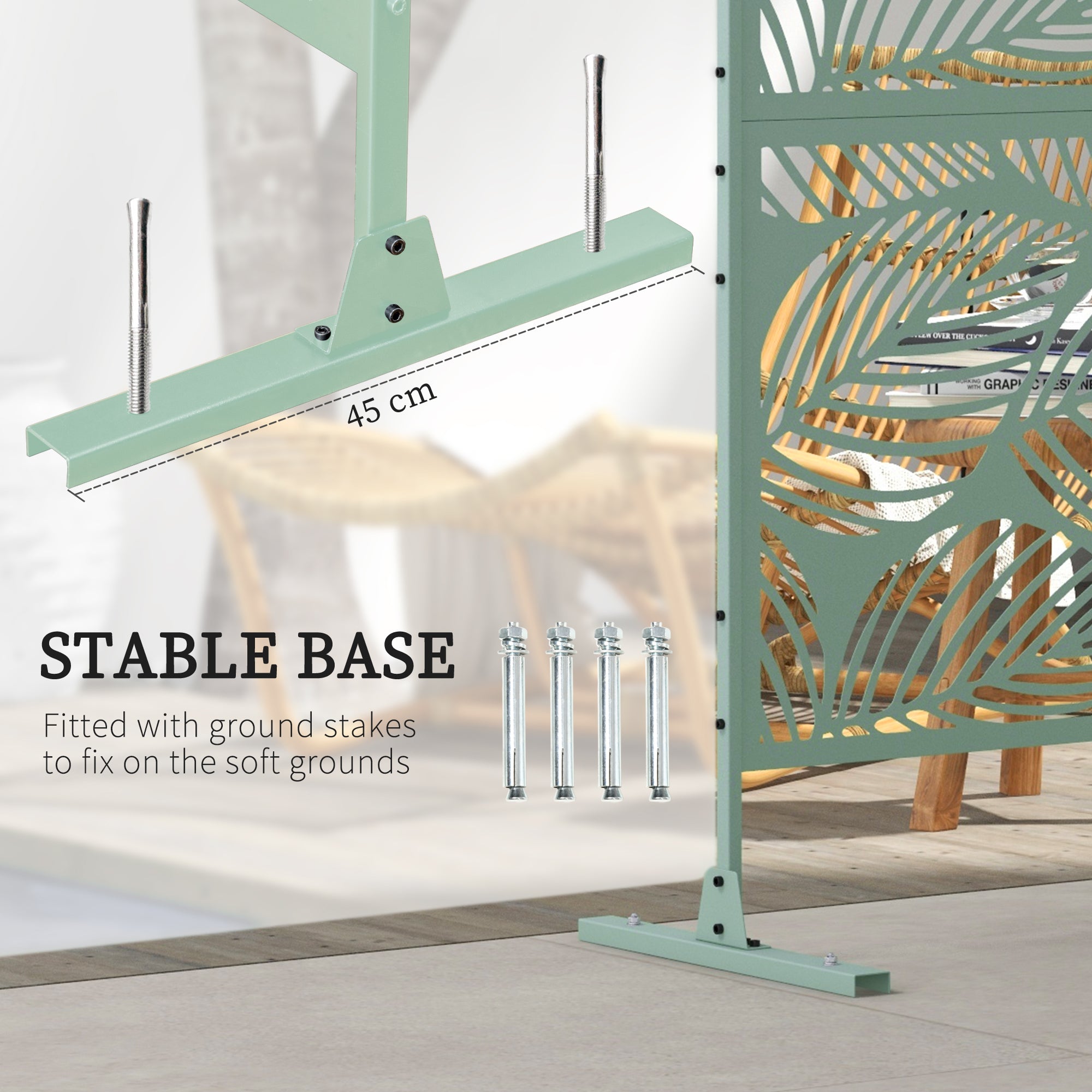 Outsunny Metal Outdoor Privacy Screen, Decorative Outdoor Divider with Stand and Expansion Screws, Freestanding Privacy Panel for Garden, Backyard, Deck, Leaf Style, Light Green