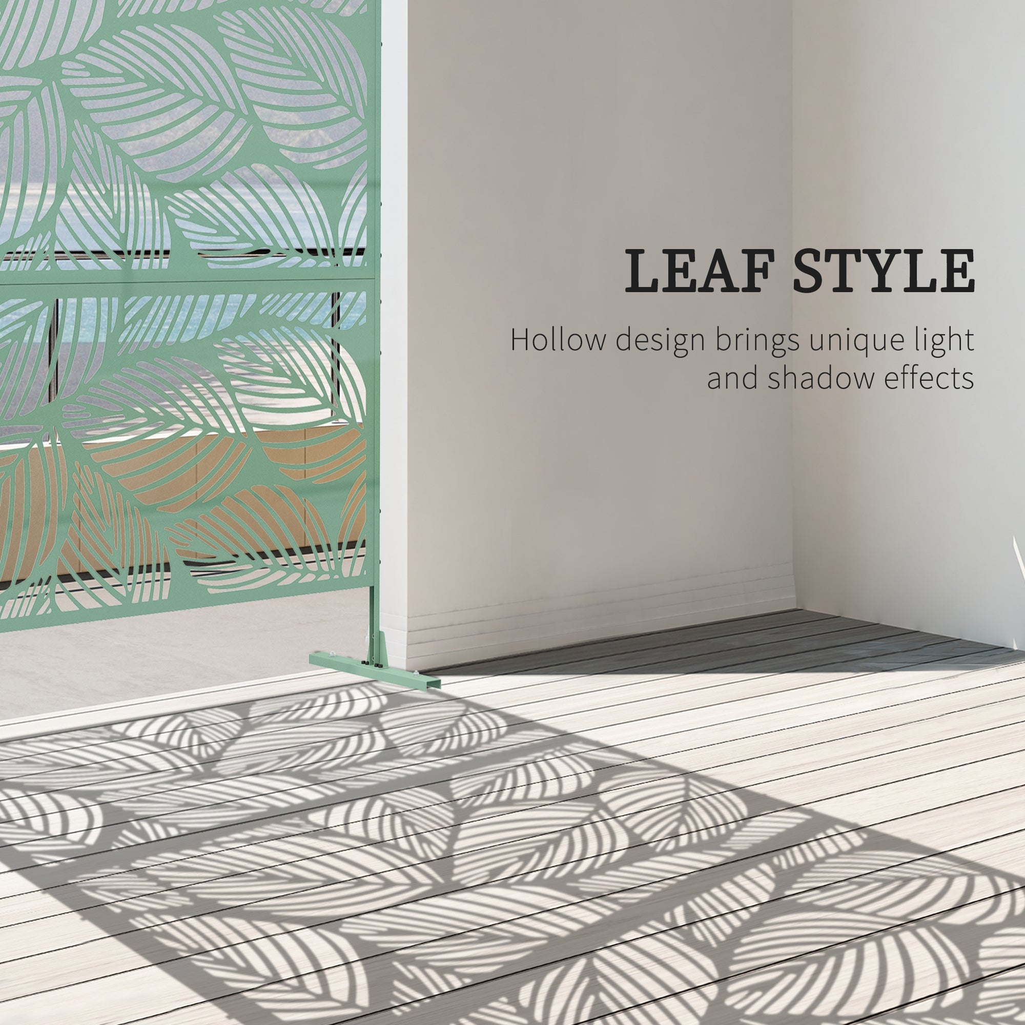 Outsunny Metal Outdoor Privacy Screen, Decorative Outdoor Divider with Stand and Expansion Screws, Freestanding Privacy Panel for Garden, Backyard, Deck, Leaf Style, Light Green