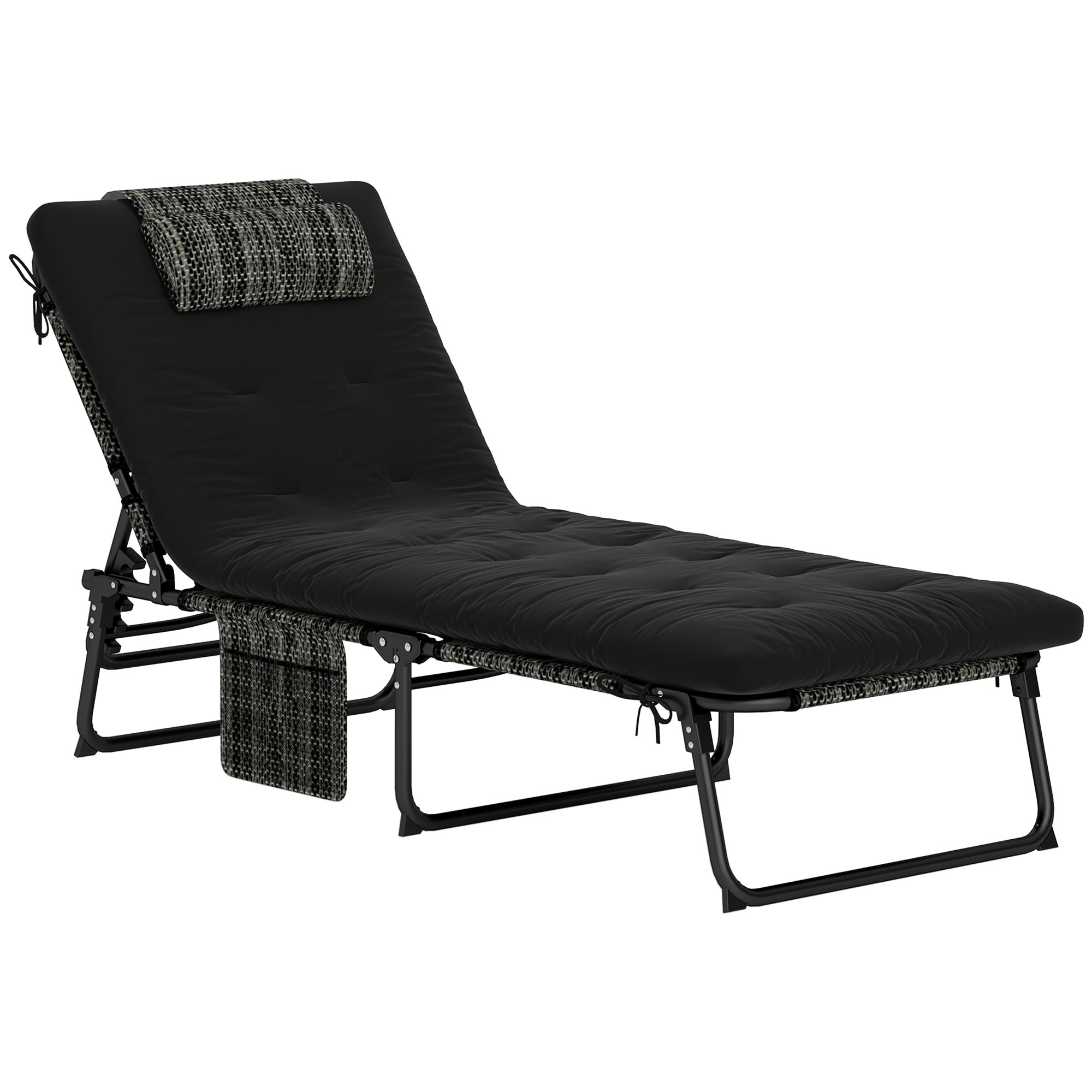Outsunny Folding Lounge Chair with 4-level Reclining Back, Outdoor Tanning Chair with Cushion, Outdoor Lounge Chair with Breathable Mesh Fabric, Side Pocket, Headrest, Black