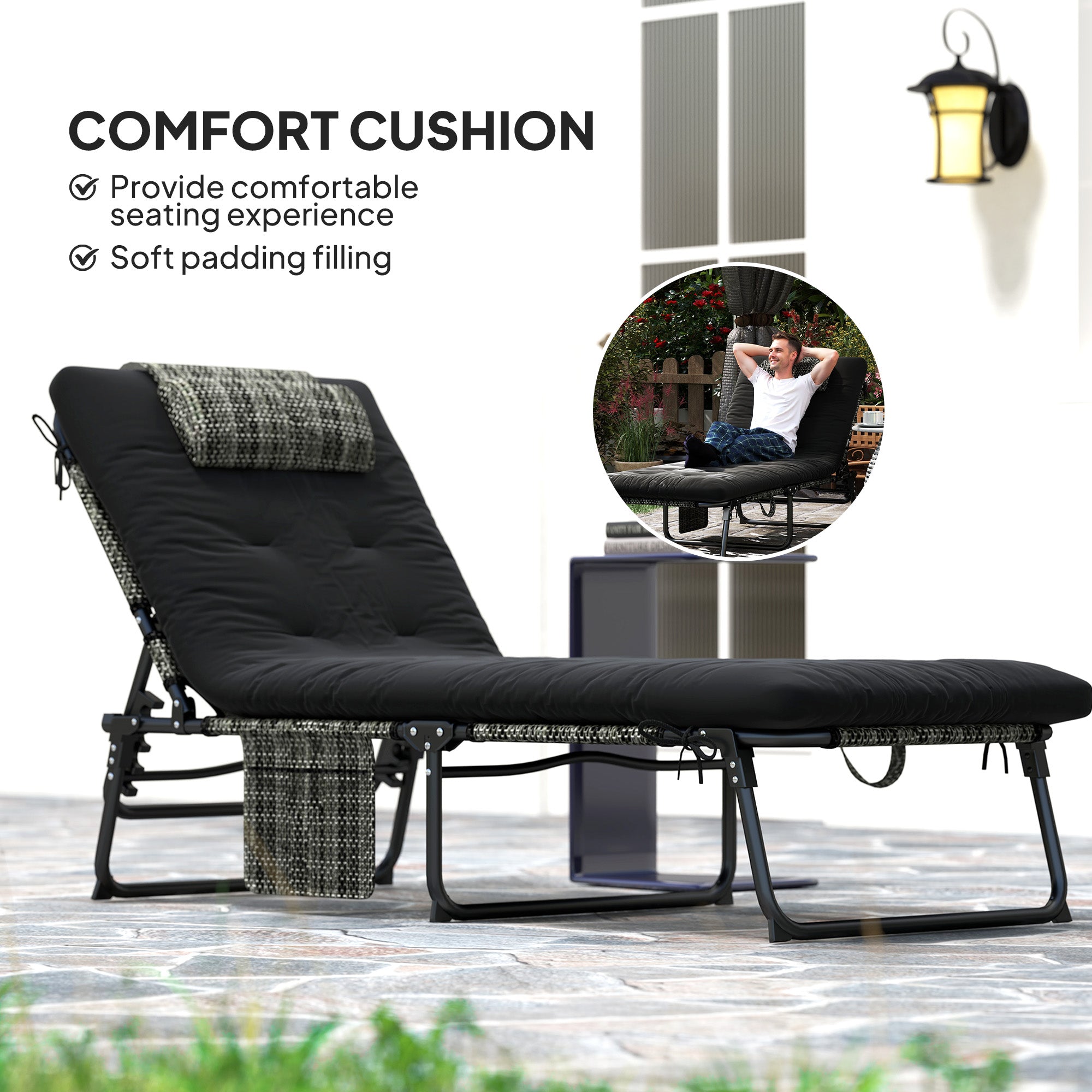 Outsunny Folding Lounge Chair with 4-level Reclining Back, Outdoor Tanning Chair with Cushion, Outdoor Lounge Chair with Breathable Mesh Fabric, Side Pocket, Headrest, Black