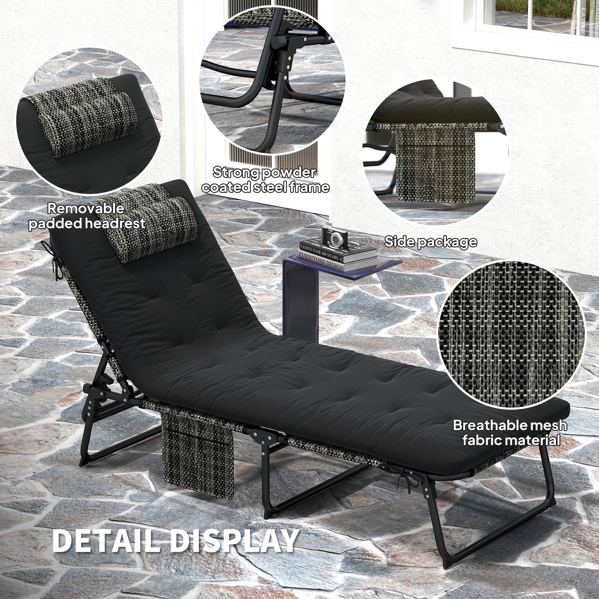 Outsunny Folding Lounge Chair with 4-level Reclining Back, Outdoor Tanning Chair with Cushion, Outdoor Lounge Chair with Breathable Mesh Fabric, Side Pocket, Headrest, Black