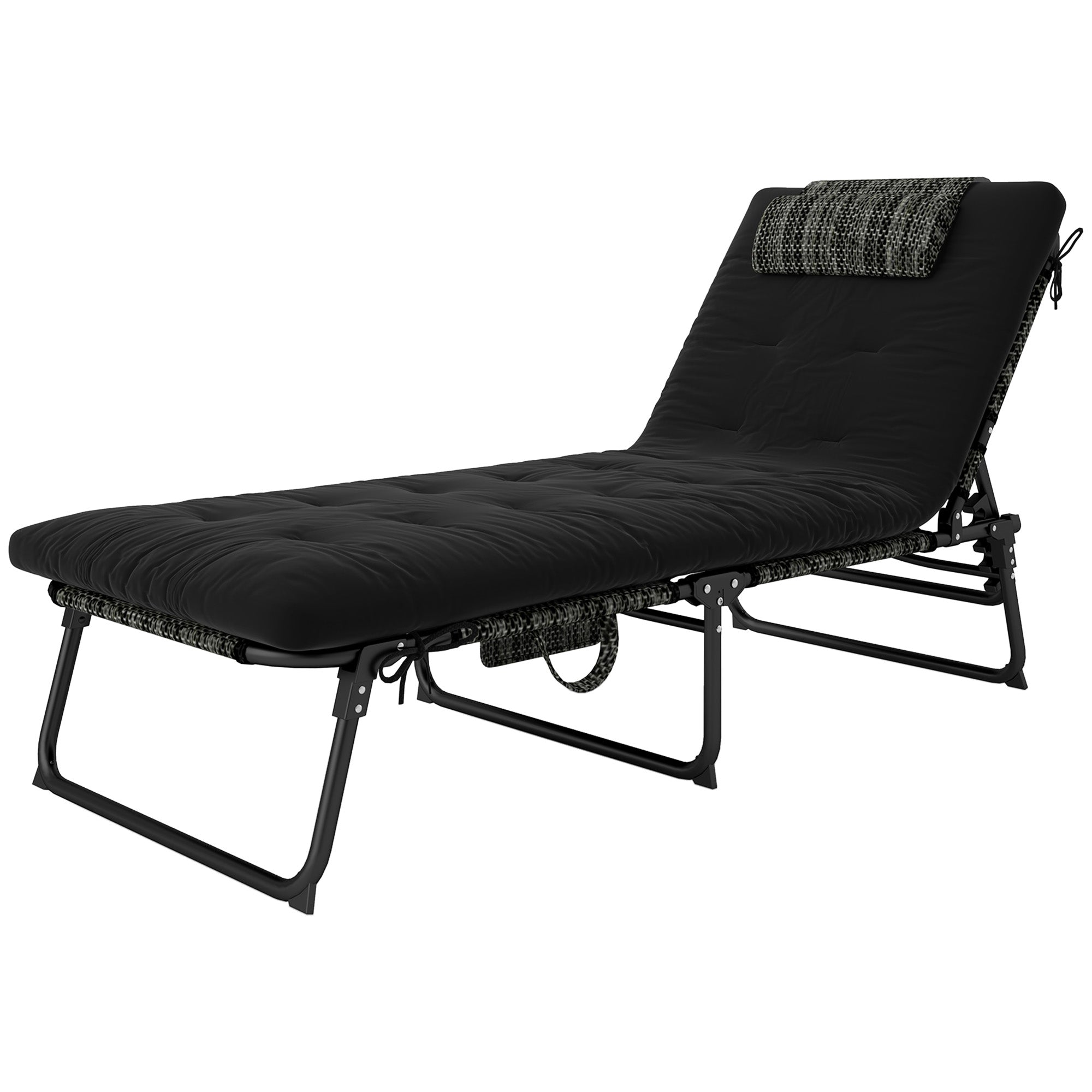 Outsunny Folding Lounge Chair with 4-level Reclining Back, Outdoor Tanning Chair with Cushion, Outdoor Lounge Chair with Breathable Mesh Fabric, Side Pocket, Headrest, Black