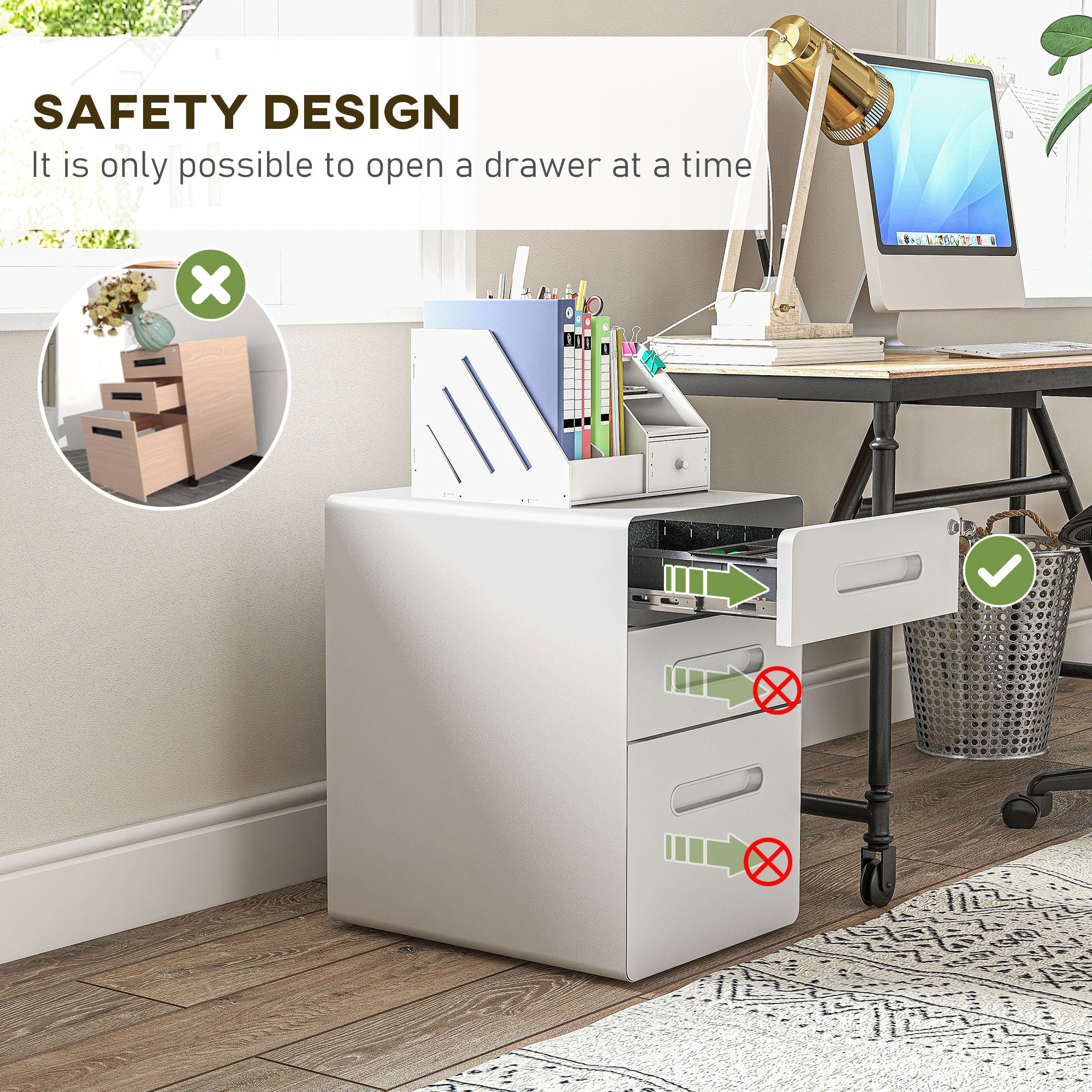 Vinsetto 3 Drawer Vertical Filing Cabinet with Lock and Wheels, Under Desk Mobile File Cabinet for Legal, A4, Letter Size, Steel Frame for Home Office, White